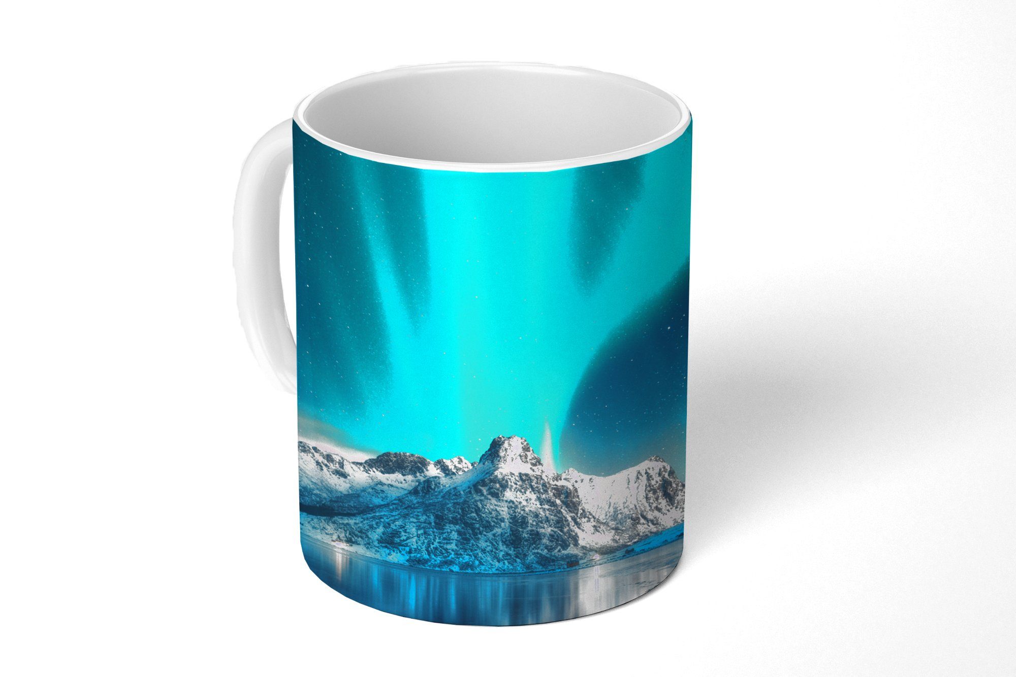 MuchoWow Tasse Nordlicht - Eis - Schnee - Norwegen - Blau - Berge, Keramik, Kaffeetassen, Teetasse, Becher, Teetasse, Geschenk