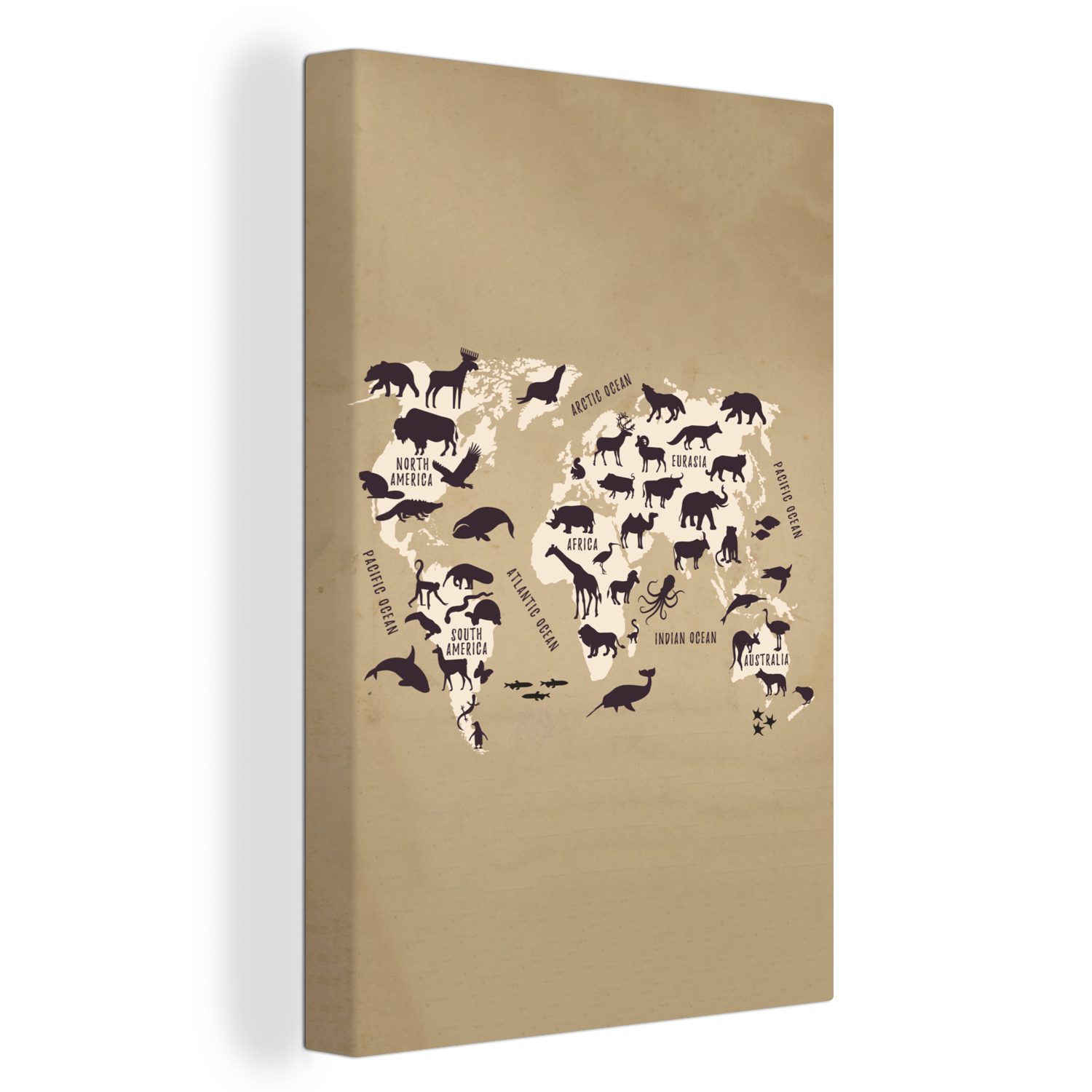 OneMillionCanvasses® Leinwandbild Weltkarte - Retro - Tiere, (1 St), Leinwandbild fertig bespannt inkl. Zackenaufhänger, Gemälde, 20x30 cm
