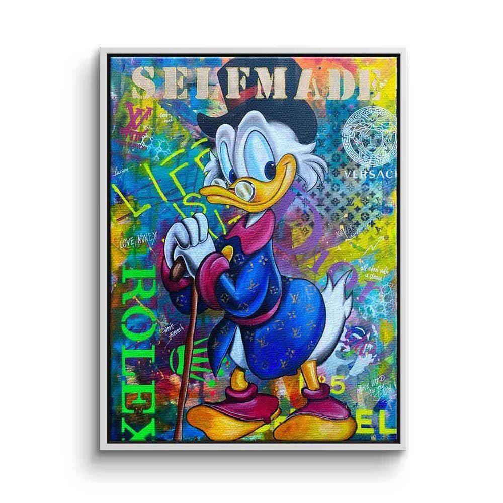 DOTCOMCANVAS® Leinwandbild $elfmade, Leinwandbild $elfmade Dagobert Duck Scrooge McDuck Comic Pop Art weißer Rahmen
