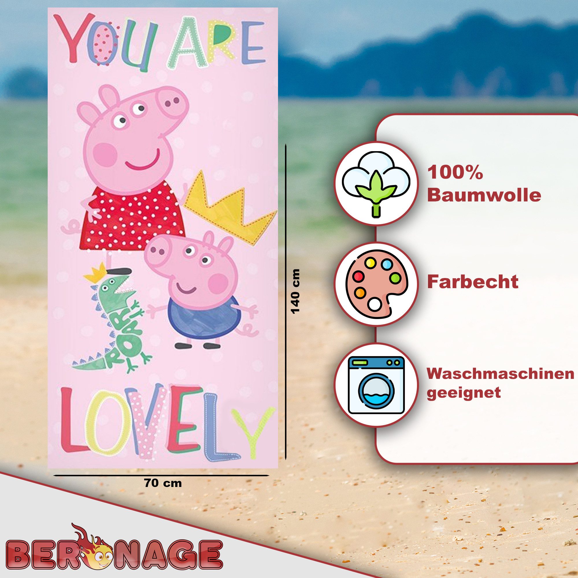 BERONAGE Badetuch Peppa Pig Badetuch You Are Lovely 70x140 cm, 100% Baumwolle (1-St), Frottee in Velours-Qualität