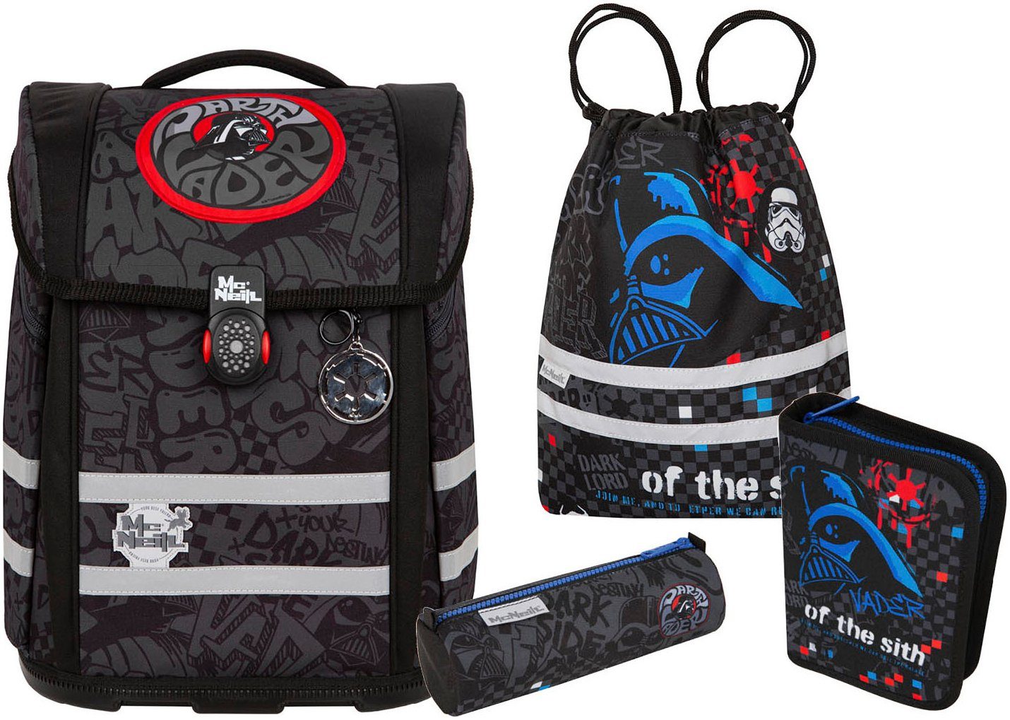 McNeill Schulranzen Perfecto, Star Wars, Darth Vader (Set, 5-tlg), inkl. Federmäppchen, Turnbeutel, Schlamperrolle & Motivmagnet