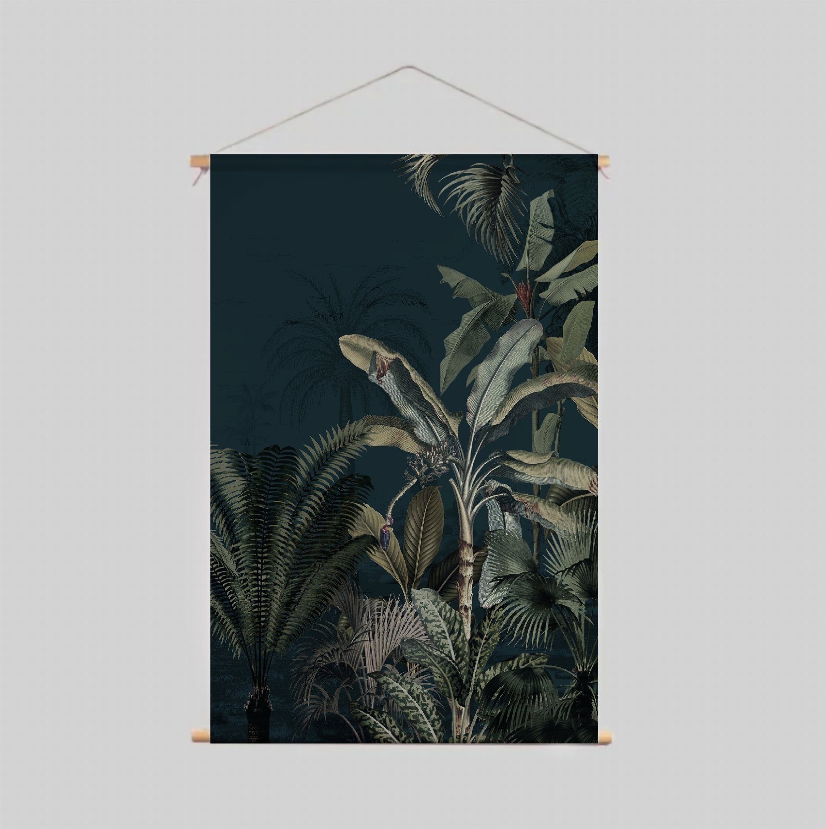Cosy Home Ideas Wanddekoobjekt Wandbehang (1 Holzstäbe Wandbehang Stück, tropischer cm Dschungel 1x Stoff knitterfreie waschbare dunkelgrün 90x130 Stoff), bedruckt Wanddeko