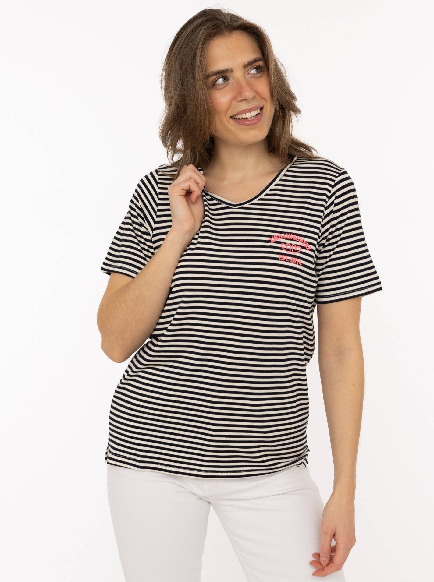 Zwillingsherz T-Shirt "Zwillingsherz" V-Neck, gestreift, kleines Motiv gestickt