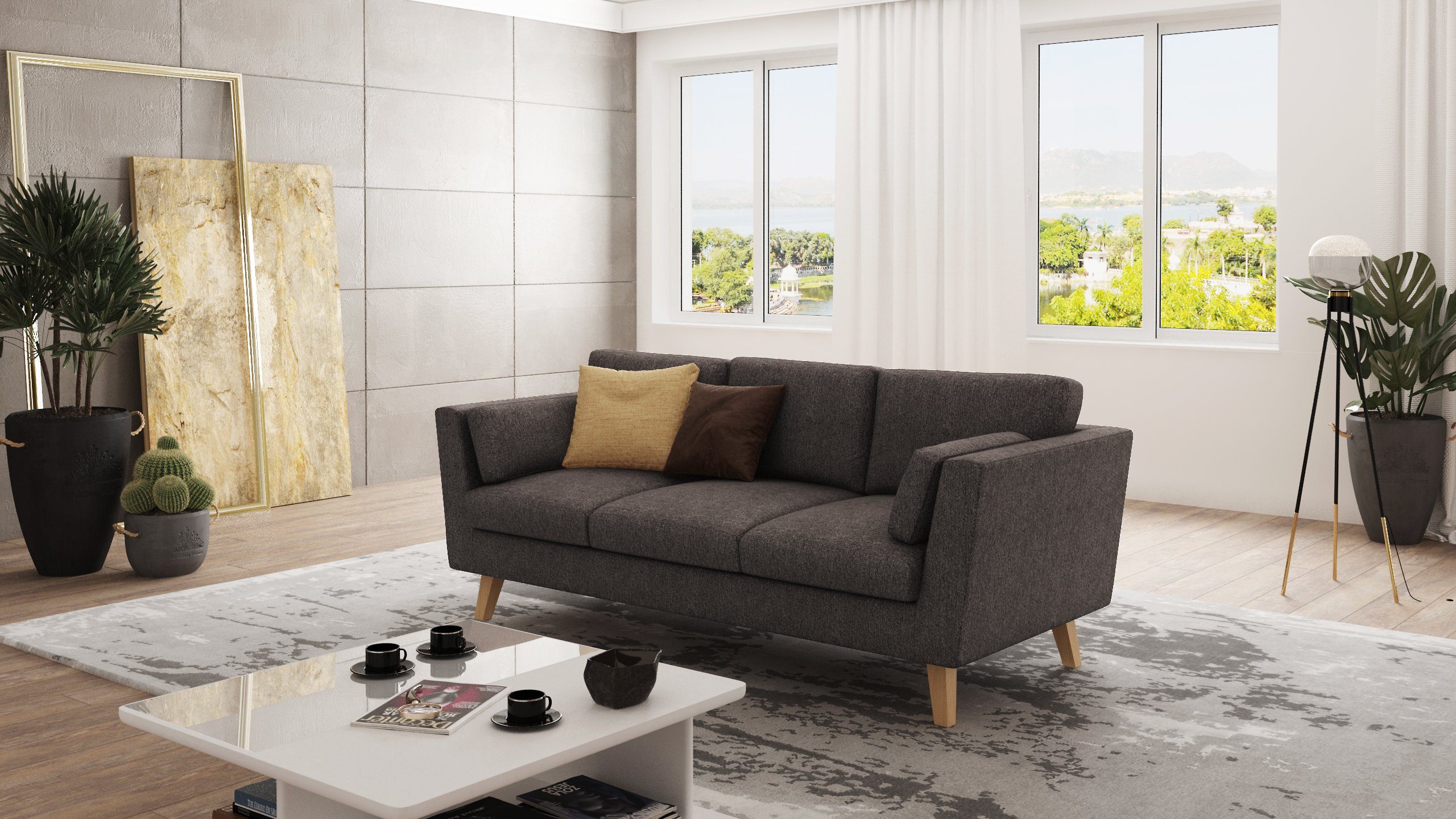 Möbel Wellenfederung 3-Sitzer mit im Khaki Angeles - Braun skandinavischen Sofa S-Style Design,