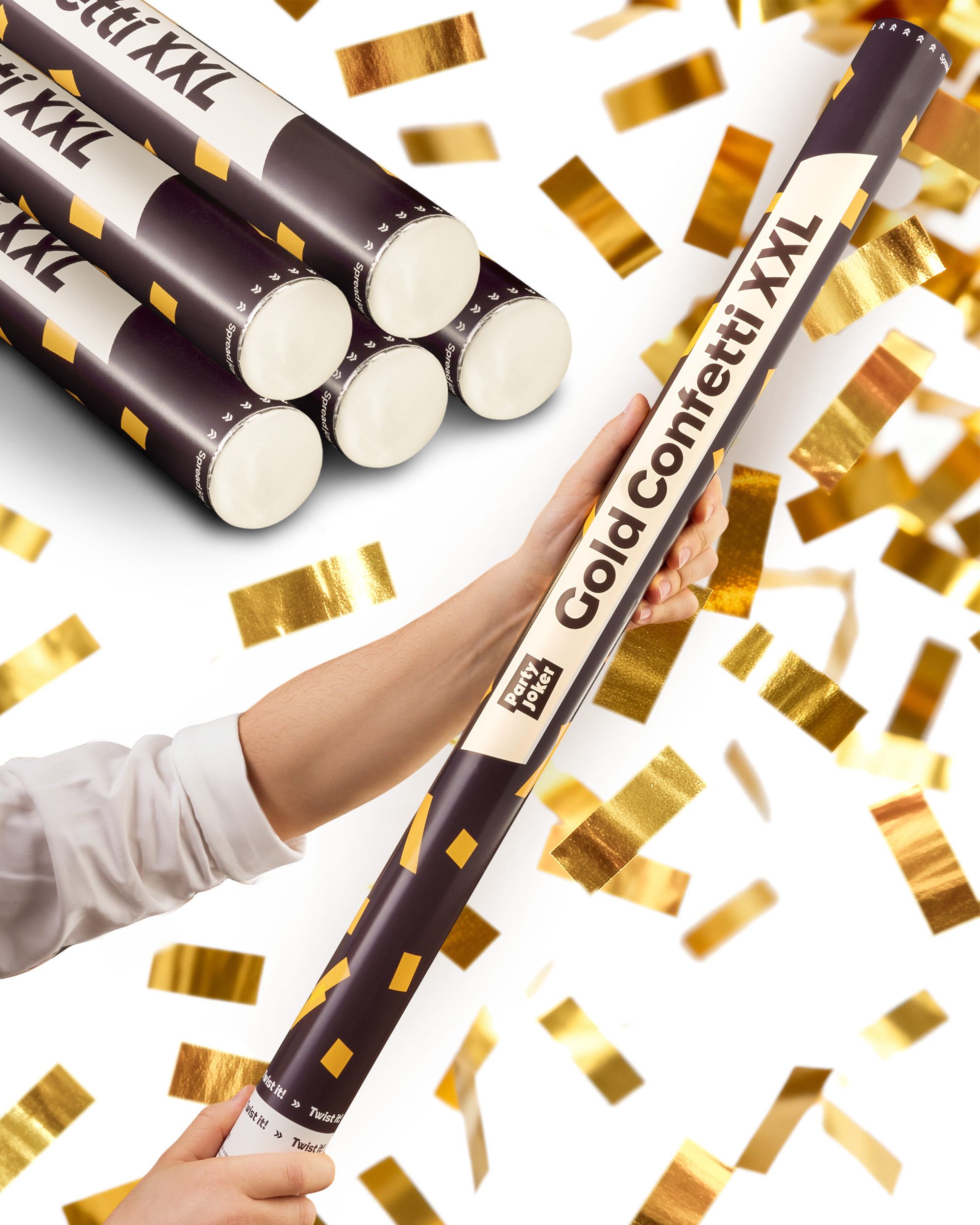 Partyjoker Konfetti Konfettikanone Gold - 5-8 m Konfettistrahl - einfach & sicher - Party, Extra viel Inhalt & Hoher Effekt – Biologisch abbaubar