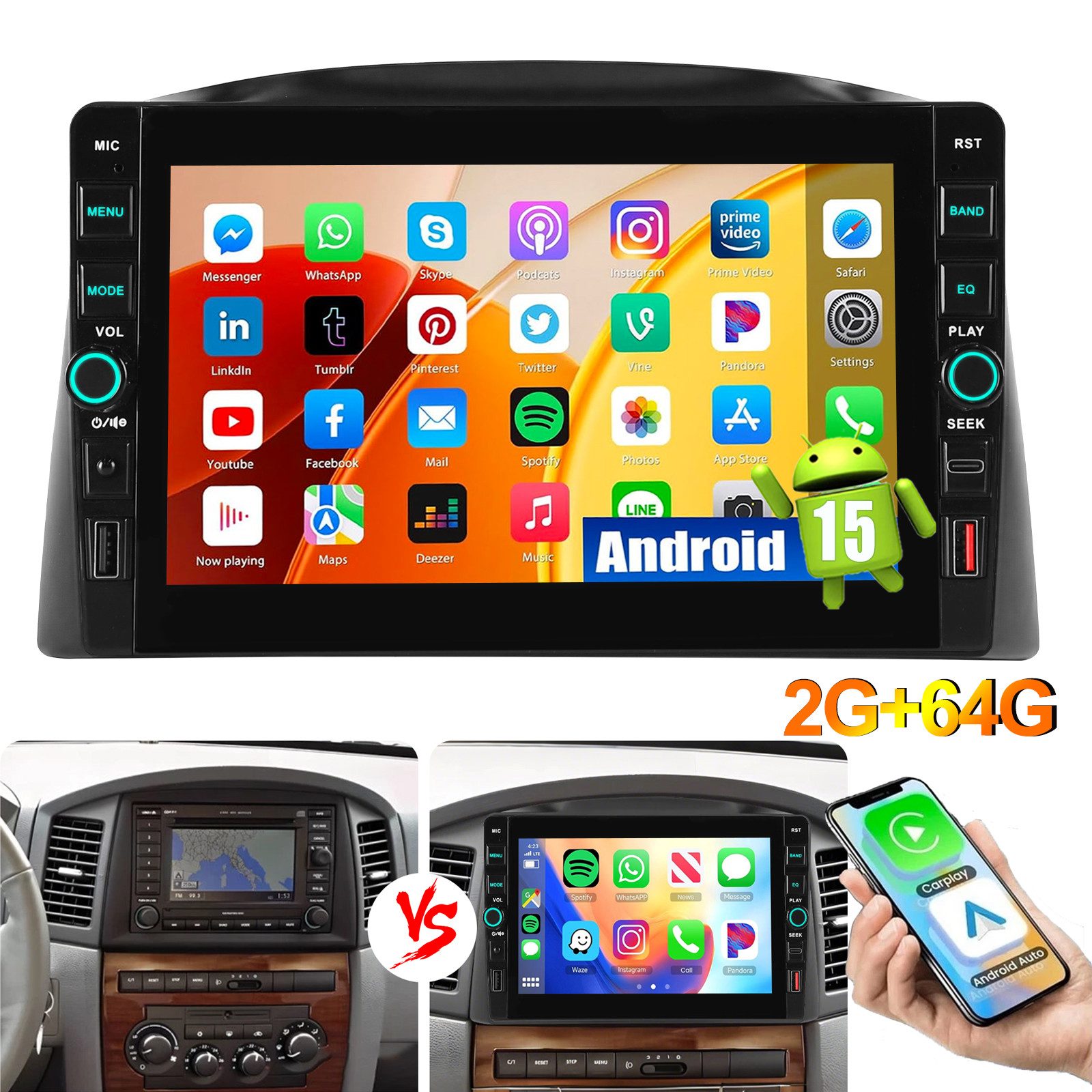 ESSGOO Carplay 4+64G Android15 Autoradio GPS BT Für Jeep Grand Cherokee WH/WK Autoradio (RDS, 4+64GB(optional), Type-C, Digitalradio (DAB), USB, FM, Apple Carplay Android Auto GPS Navi WIFI BT EQ USB- und Type-C)