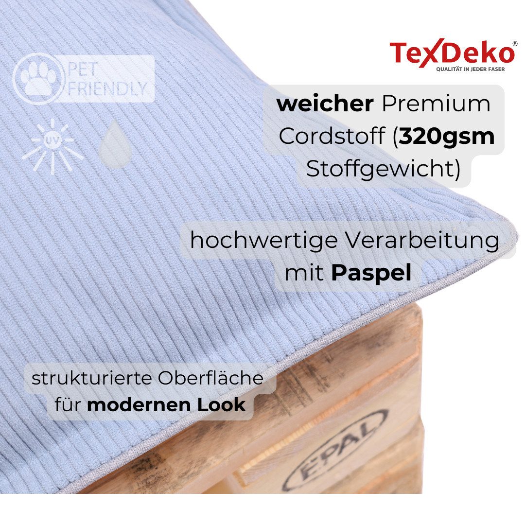 TexDeko Palettenkissen TexDeko Cord Palettenkissen (Sitzkissen) wasserabweisend, (Maße: 120x80cm, 120x60cm, 120x50cm, 120x40cm)