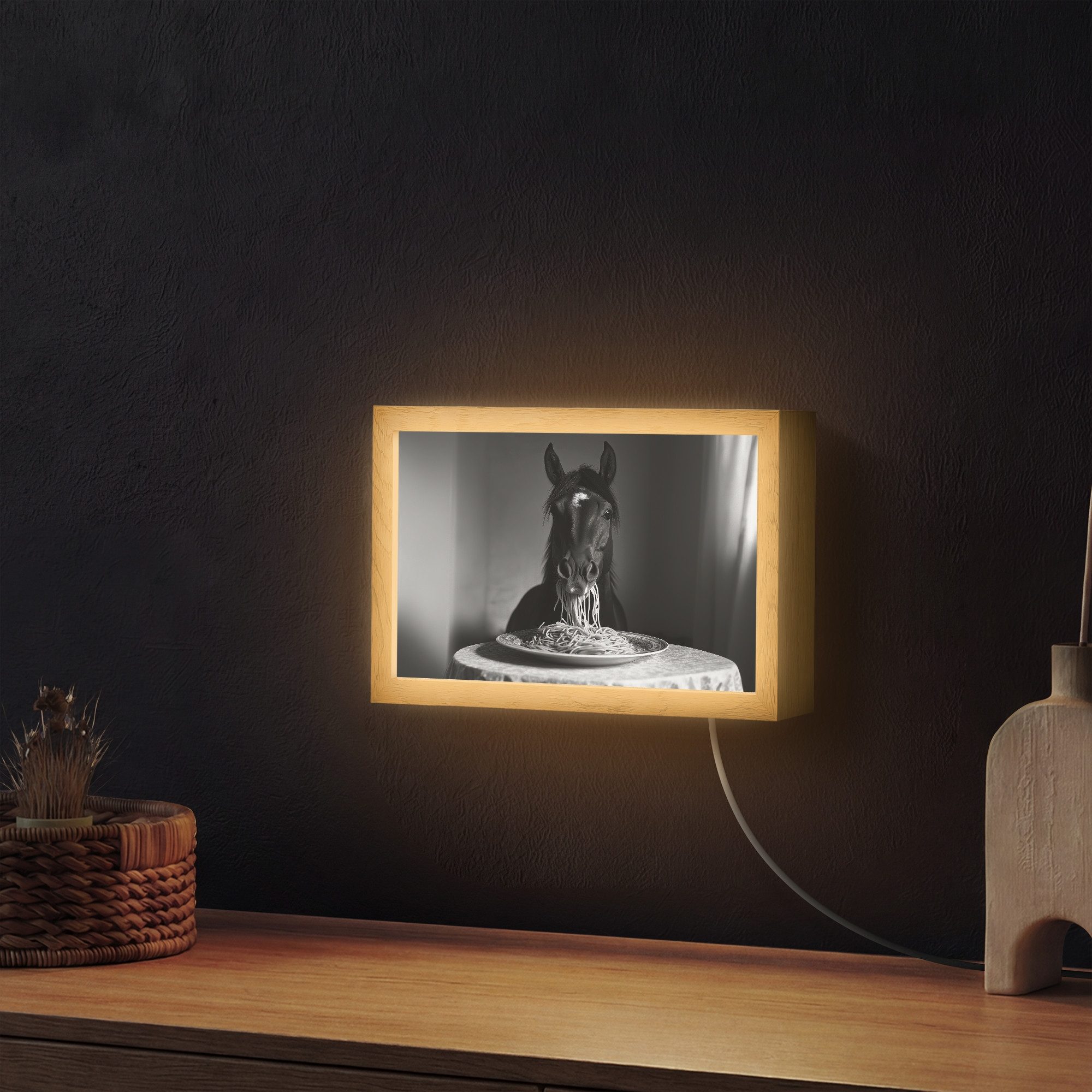 OnlyWow Wandleuchte Lightbox Pferd - Teller - Pasta - Tischtuch - Schwarz und weiß - Tiere, Dimmbar, Farbwechsel, LED, Warmweiß, Kaltweiß, Neutralweiß Einstellbar, Wandlampe Innen, Dimmbar, mit Kabel, LED, Modern, Schlafzimmer