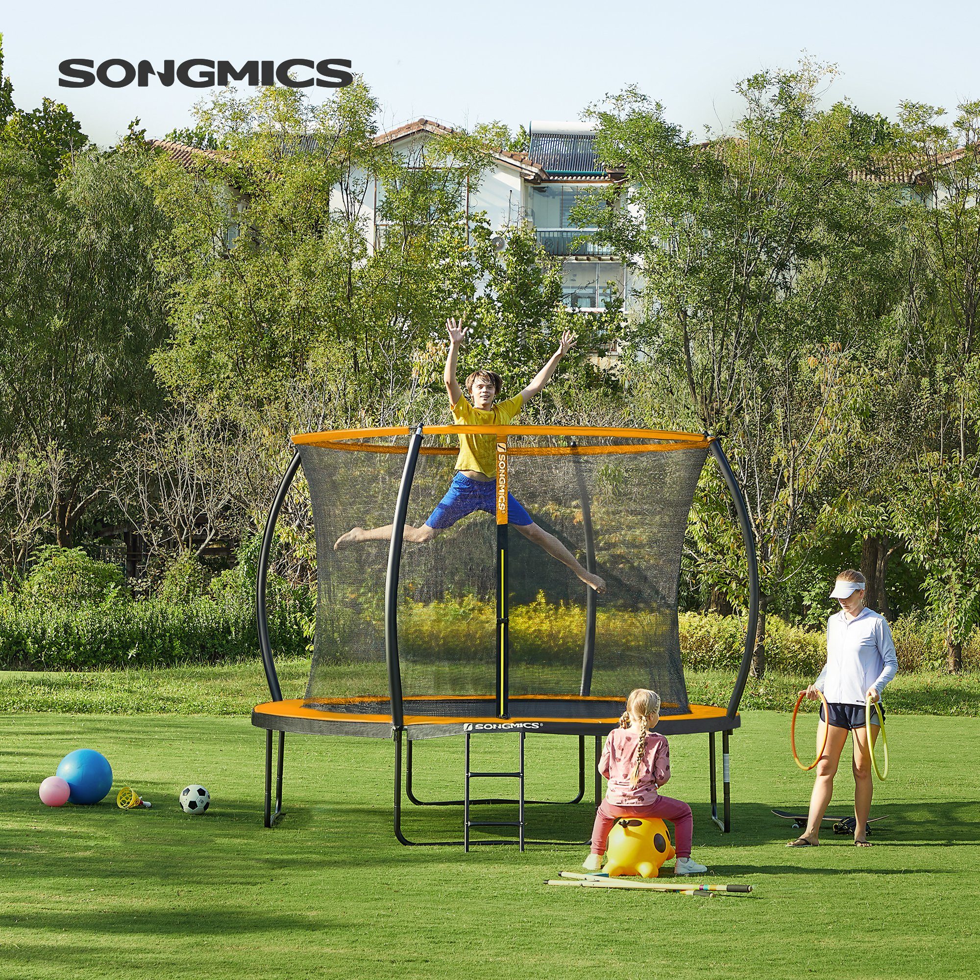 SONGMICS Gartentrampolin Ø 244/305/366/427 cm, Ø 366 cm, bis zu 80-150 kg belastbar, Trampolin mit Leiter und Sicherheitsnetz