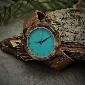 Holzwerk Quarzuhr NAILA Damen & Herren Leder & Holz Armband Uhr, braun, türkis blau