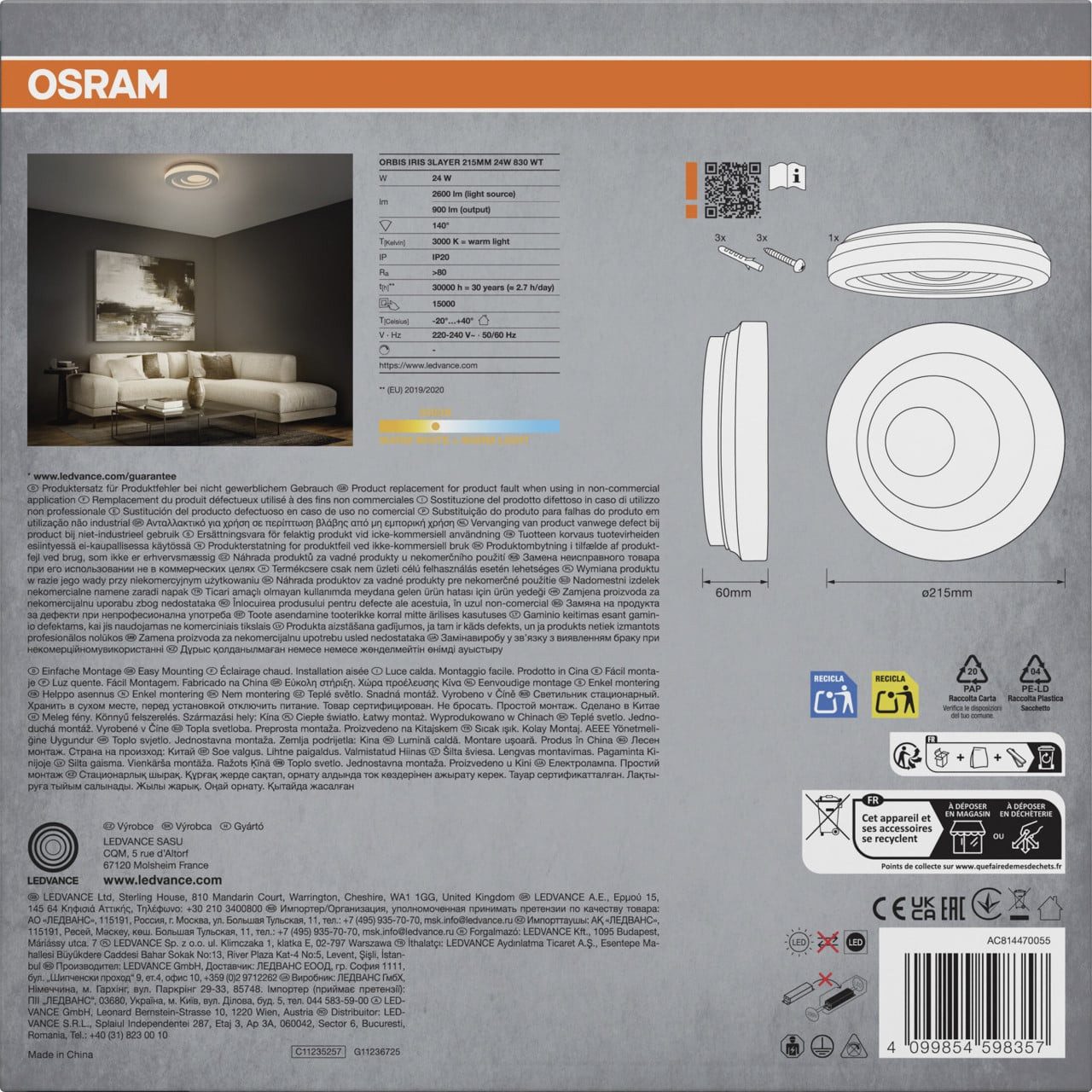Osram Deckenleuchte Osram LED-Deckenleuchte Orbis Iris Ø 21,5 cm, Inkl. Leuchtmittel, Nicht dimmbar ohne Bewegungsmelder