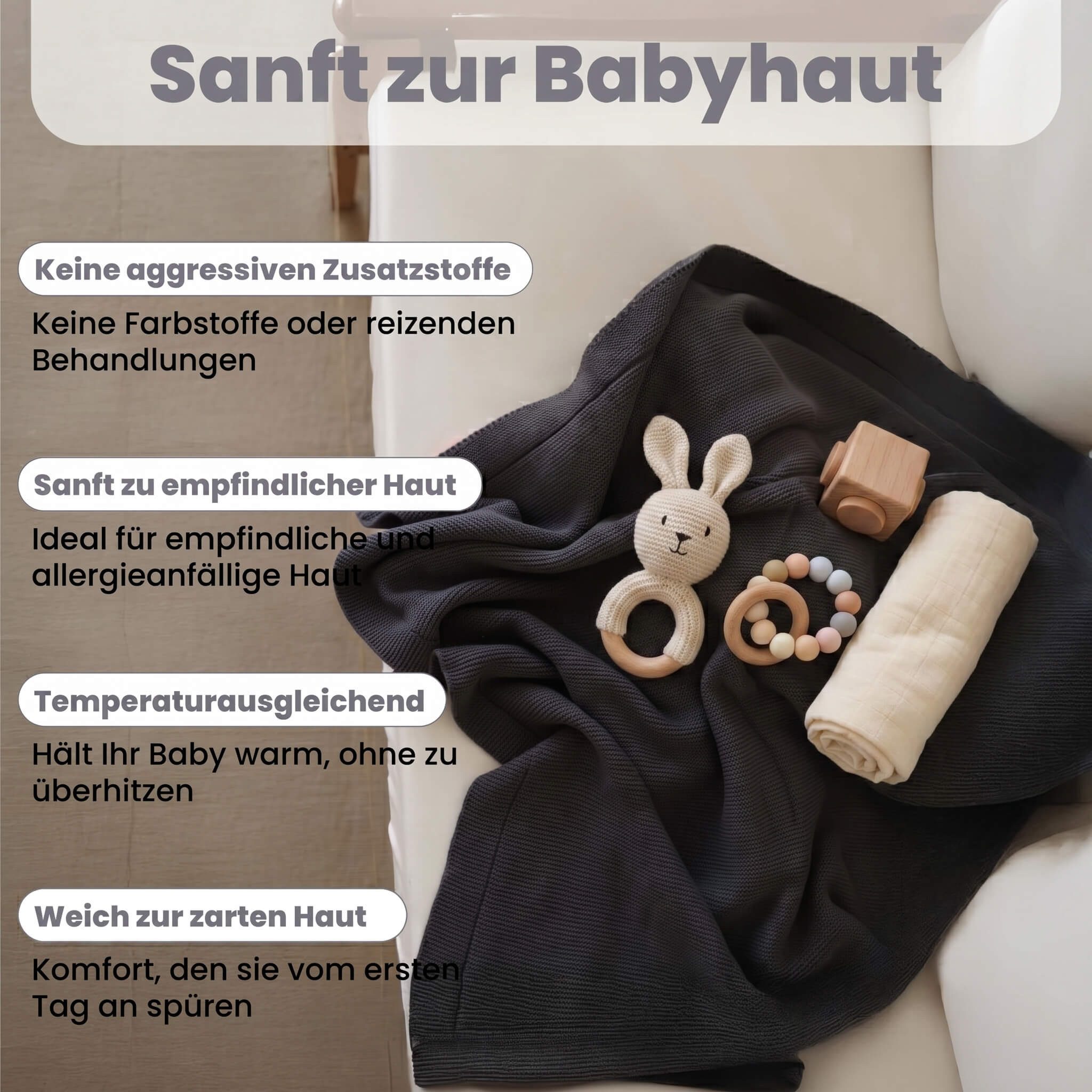 Babydecke Baby Strickdecke, %100 Bio Baumwolle, Atmungsaktiv 80x100cm Grau, Little Dedi – Bild 5 von 5