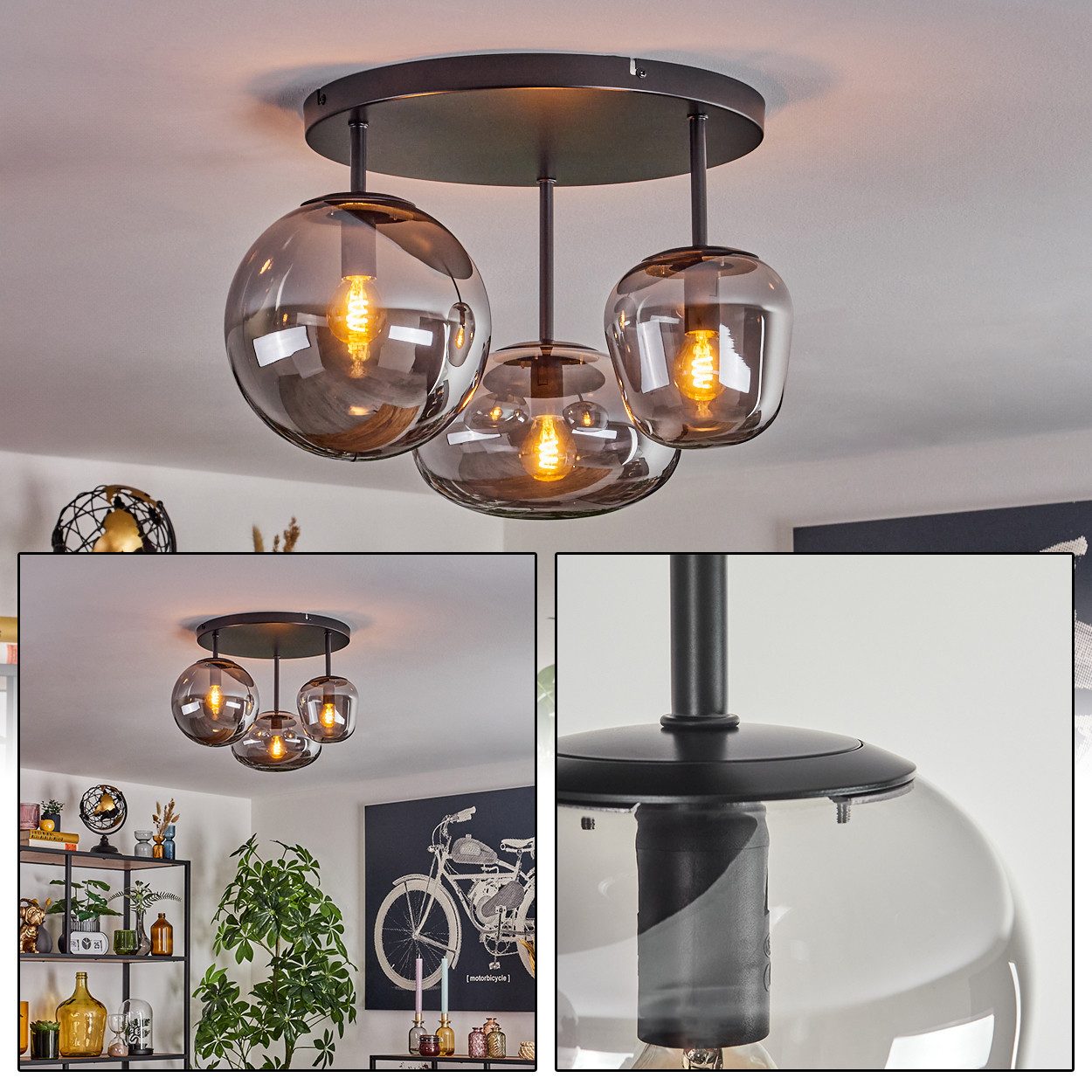 hofstein Deckenleuchte Deckenlampe aus Metall/Glas in Schwarz/Rauchfarben, günstig online kaufen
