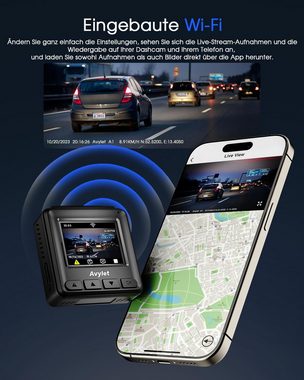 Avylet Full HD Dashcam Mini Vorne Autokamera Unterstützt externes GPS-Modul Dashcam (1440P HD, WLAN (Wi-Fi), Dashcam mit 1,5" IPS Bildschirm,App-Steuerung,360° Bewegungsaufnehmer, Kollisionsdetektion,WDR,24 Std.Parkmodus,170°Weitwinkel,OTA-Update)