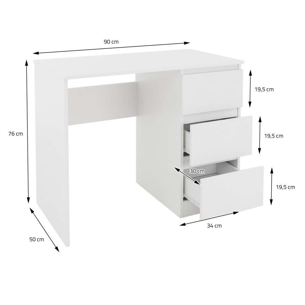 ML-DESIGN Schreibtisch Bürotisch mit 3 Schubladen Computertisch Arbeitstisch Laptoptisch, Homeoffice Büromöbel PC Tisch Weiß matt 90x76x50 cm mit Stauraum – Bild 4 von 4
