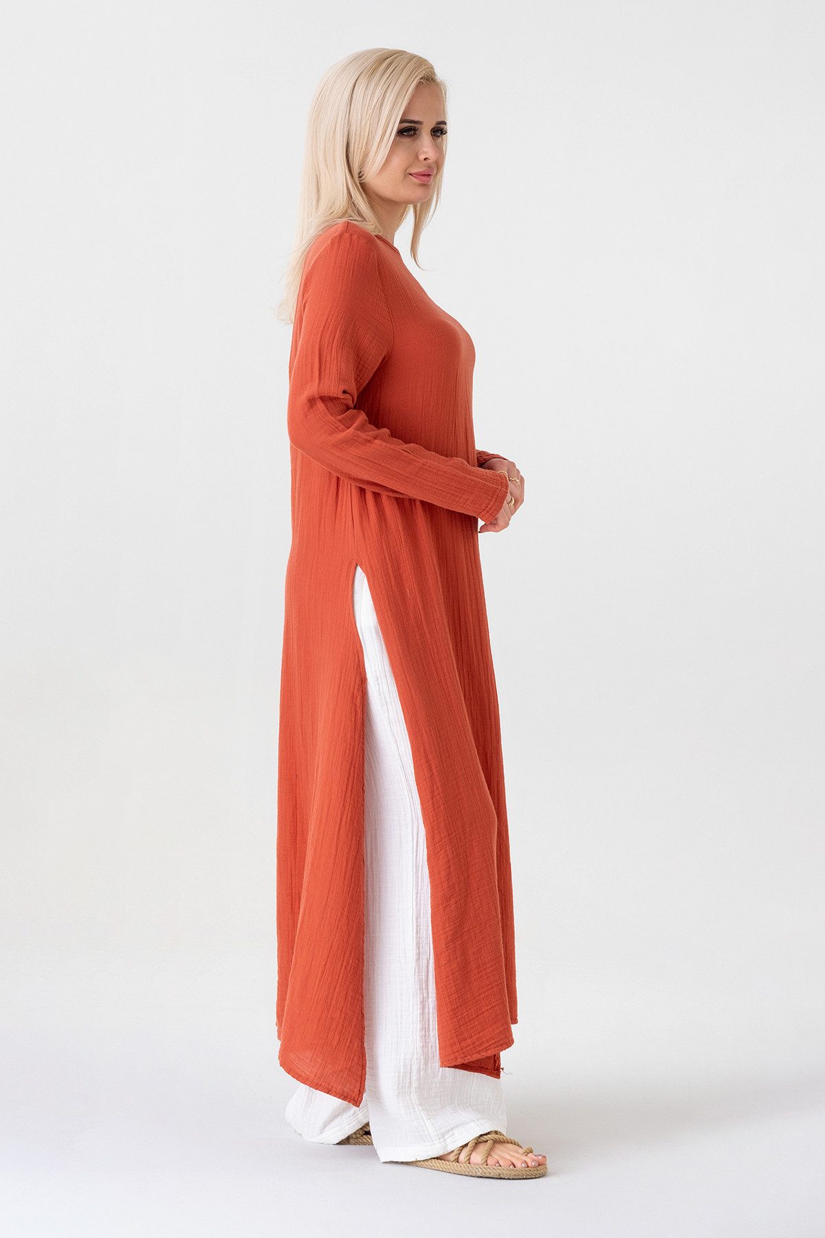 WENOR Longtunika Damen Musselin Longbluse Langarm mit Seitenschlitzen Modest Fashion extra langer Schnitt für bedeckte Looks – Bild 4 von 5