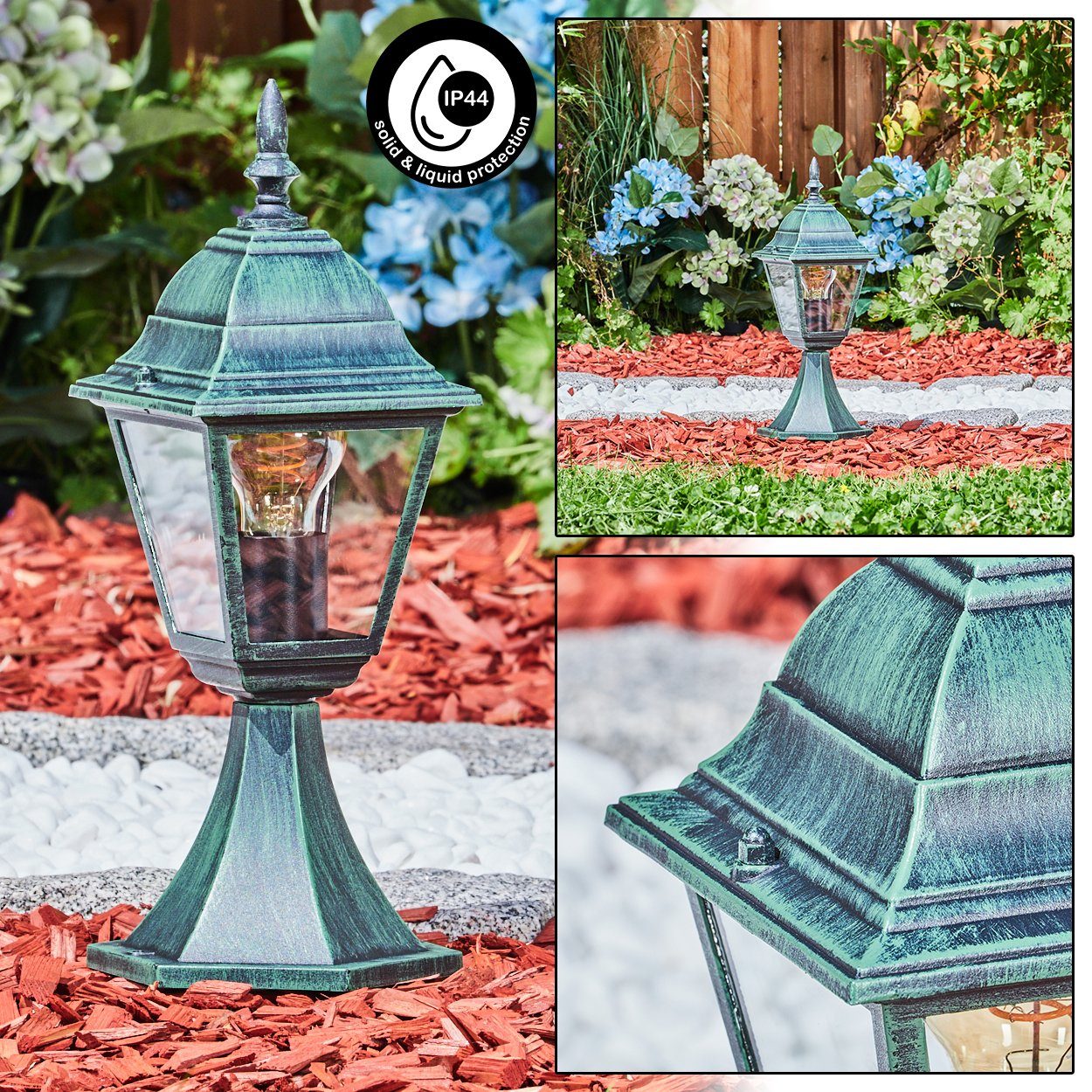 hofstein Pollerleuchte Sockelleuchte aus Metall/Glas in Schwarz-Grün/Klar, ohne Leuchtmittel, Wegeleuchte, Gartenbeleuchtung IP44, 1x E27, ohne Leuchtmittel