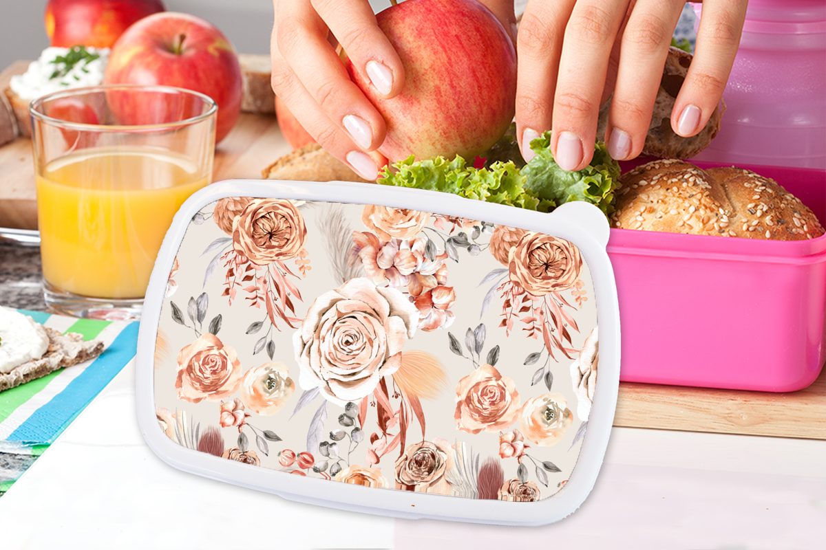 MuchoWow Lunchbox Rosen - Blumen Muster, Kinder, Brotbox - rosa Kunststoff Kunststoff, Brotdose für (2-tlg), Erwachsene, Mädchen, Snackbox