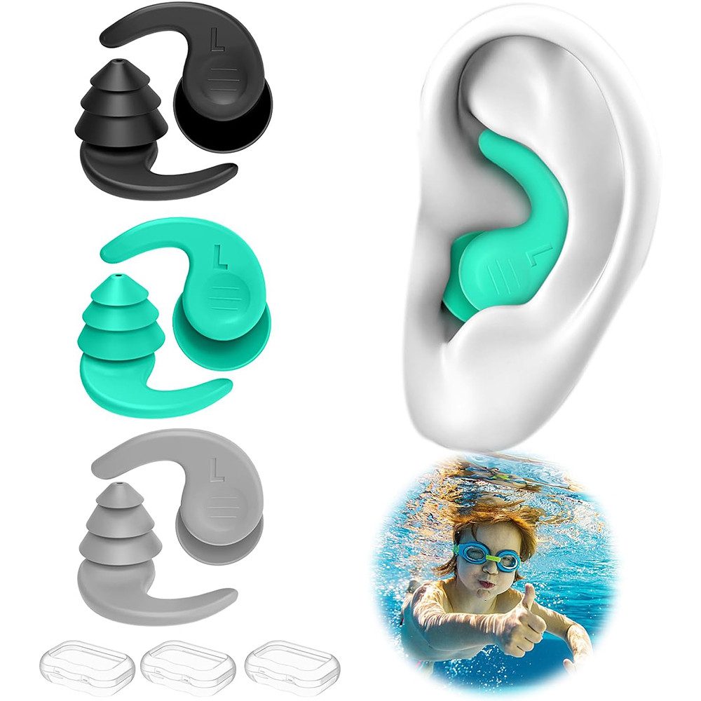 AFKSMILE Schwimm-Ohrstöpsel 3Paar Ohrstöpsel Schwimmen, Wasserdichte Wiederverwendbare Ohrstöpsel, Silikon Ohrstöpsel, zum Duschen Schnorcheln, anderen Wassersportarten