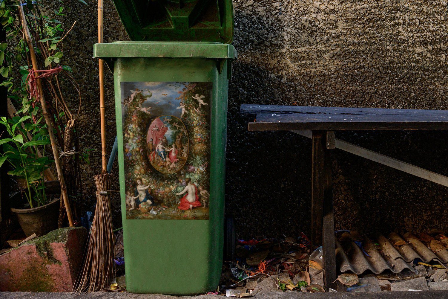 MuchoWow Wandsticker Kranz aus Früchten von Abfalbehälter Mülleimer-aufkleber, Cybele, St), den Darstellung um Mülltonne, eine Container, mit (1 Sticker, die