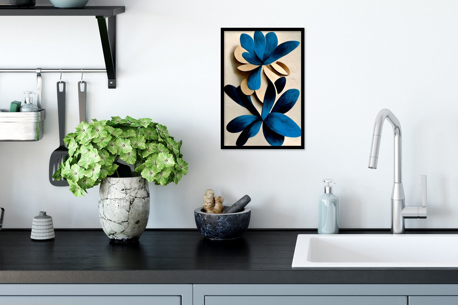 Bilderrahmen Bilder, Schwarzem Poster Blau Pflanzen (1 Lilie, Gerahmtes St), Wandposter, Poster, MuchoWow Blätter - Wanddeko, - -