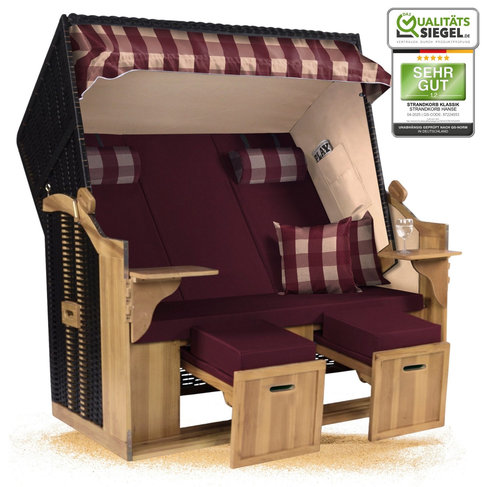 Strandkorb Hanse Strandkorb Strandkorb Ostsee XXL 2,5 Sitzer Volllieger Schwarz Rot, BxTxH: 150x80x160 cm, Ostsee XXL Volllieger, Ostsee 2,5-Sitzer Modell 2025, Stabiles Wacholder mit handgefertigtem Polyrattangeflecht