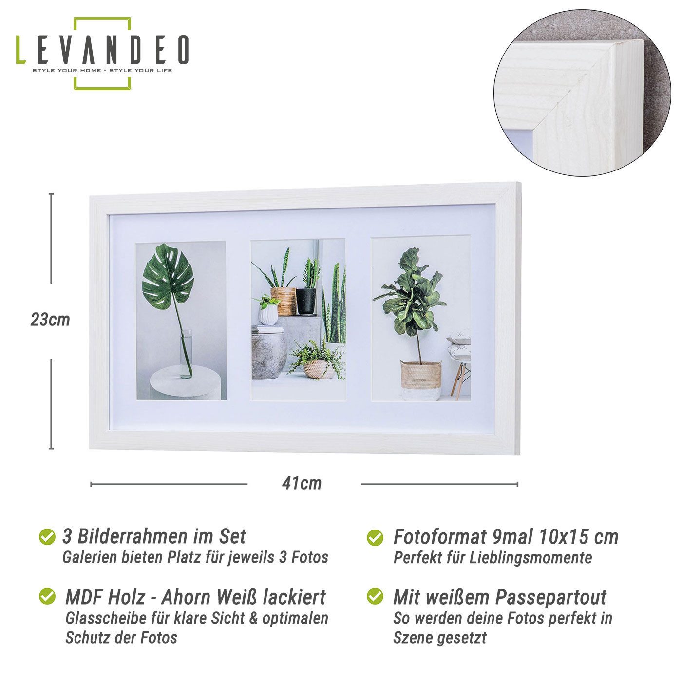 Levandeo® Bilderrahmen Collage, 3er Set Bilderrahmen Collage 9 Fotos 10x15cm Ahorn Weiß MDF