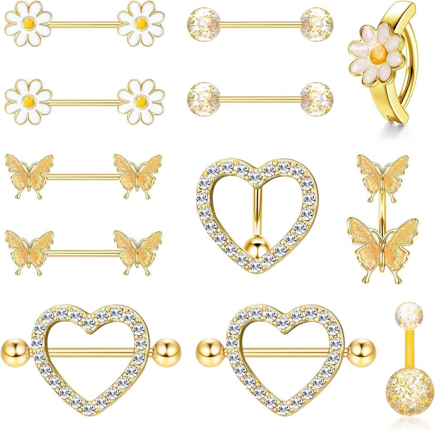 Kakonia Brustwarzenpiercing-Set 14G Nippelpiercing und Bauchnabelpiercing Set Chirurgenstahl Herz