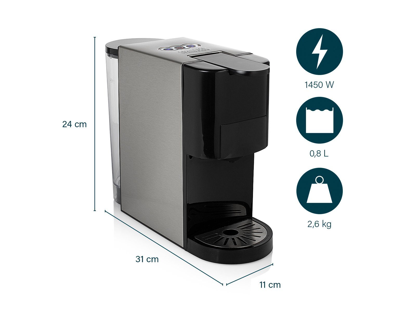 PRINCESS Kapselmaschine, auch für Kaffee-Pulver mit abnehmbarem Wassertank Kaffeemaschine klein