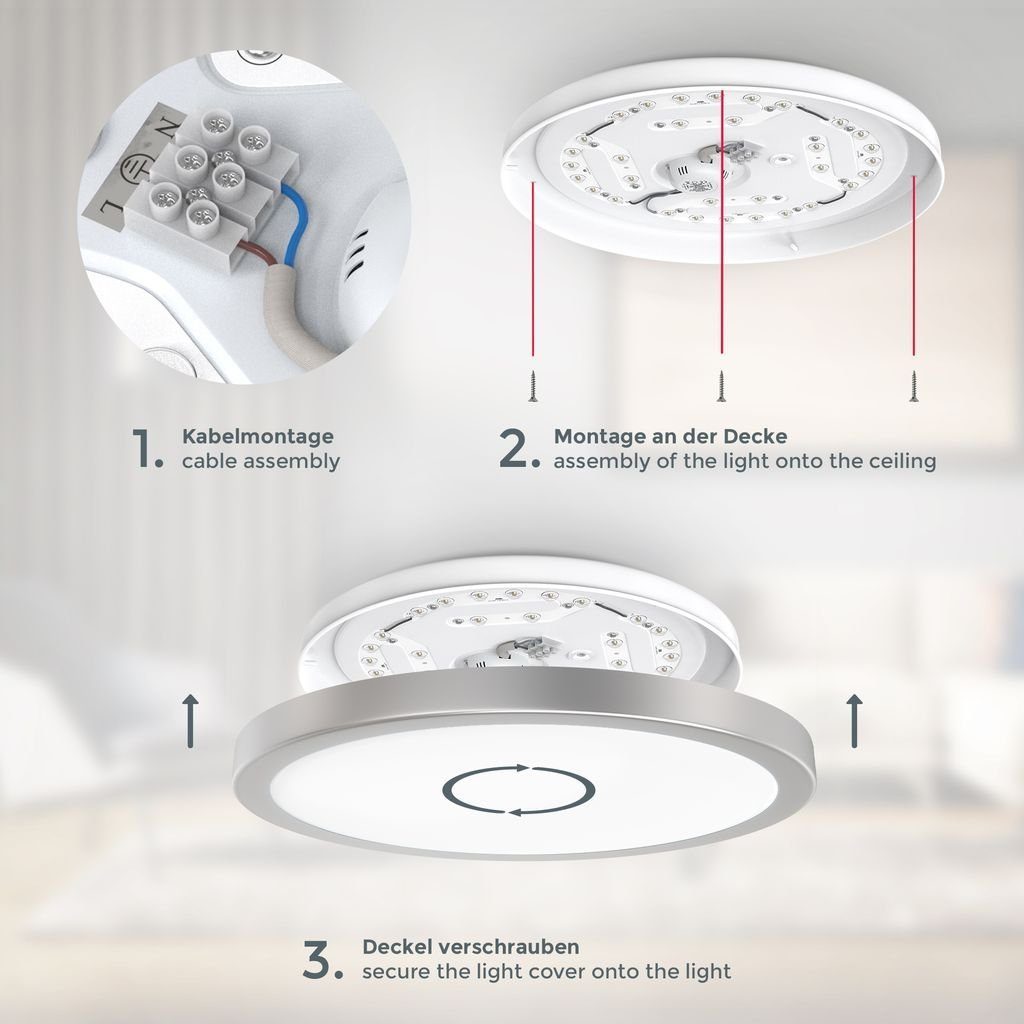 B.K.Licht Deckenleuchte LED Neutralweiß, 3.000lm Silberfarbig BKL1537, Küche 38cm Durchmesser - Deckenlampe 4.000K 24W integriert, LED Wohnzimmer fest