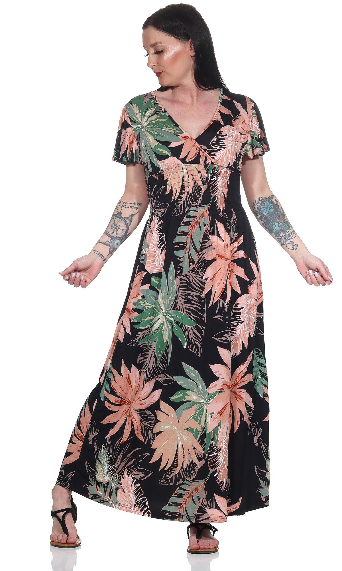 Aurela Damenmode Sommerkleid Lange Damen Sommerkleider luftig & leichte Maxikleider mit Blumendruck, Raffung in der Taille, Gesamtlänge: 124 - 126cm Schwarz