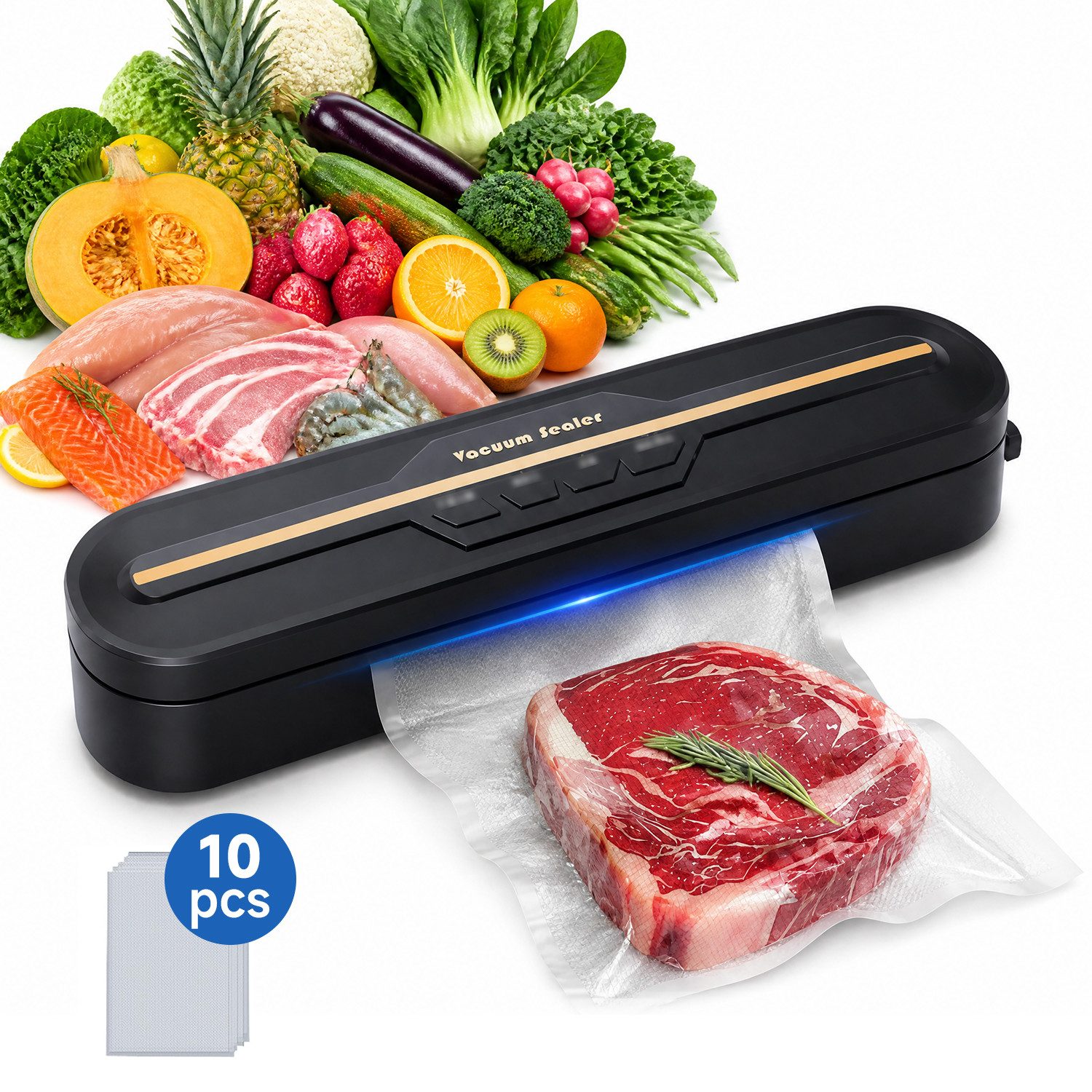 AIMAX Vakuumierer Vakuumiergerät bis zu 8x Länger Frisch für Trockene, Feuchte, Frische, Rollenbreite 28 cm, 120W, Folienschweißgerät, Enthält 10 Vakuumbeutel, Versiegelungsgerät