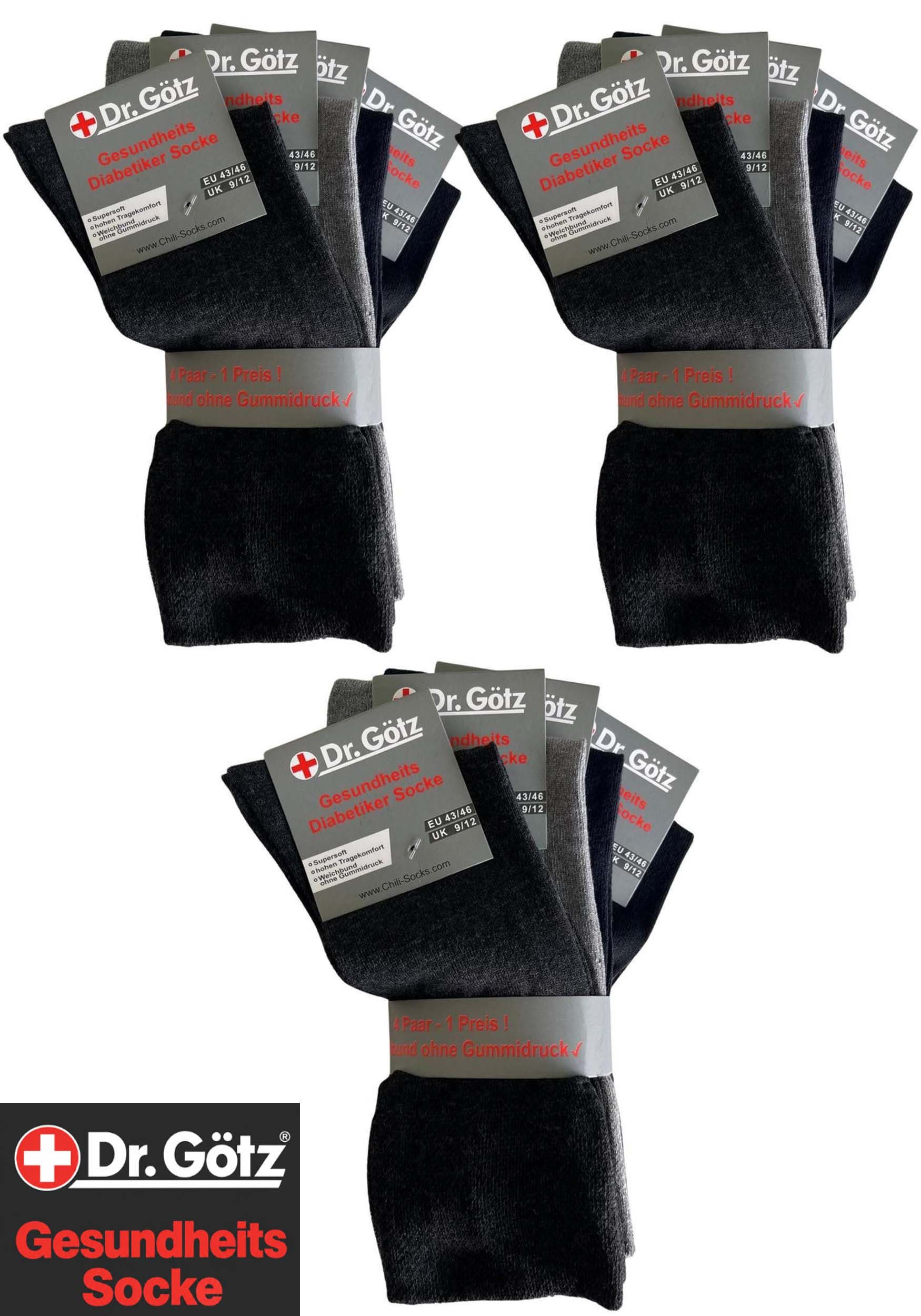 Chili Lifestyle Diabetikersocken 12 Paar Damen Herren – Gesundheitssocken aus Baumwolle (Multipack, 12-Paar, 4 Farben ohne Gummibund, Weichbund ohne Druck, druckfreie Socken) mit weichem und dehnbarem Komfortbund