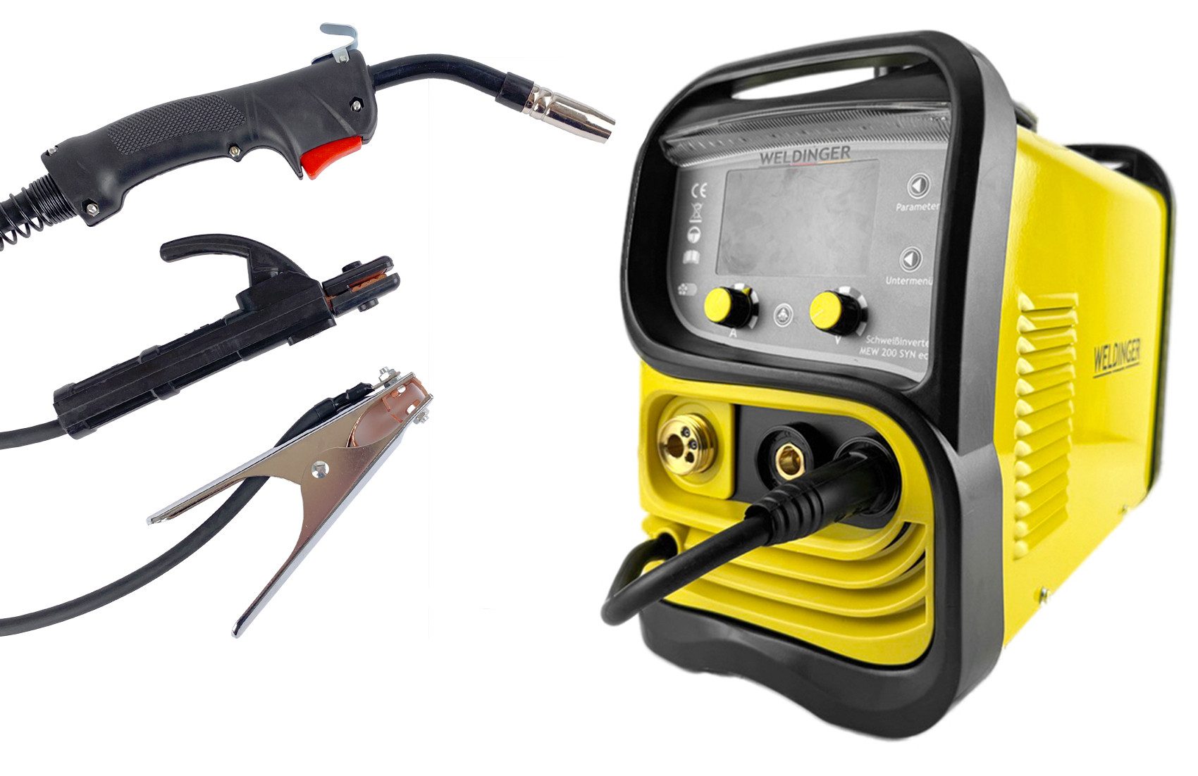 WELDINGER Schutzgasschweißgerät Synergischer MIG-MAG-Schweißinverter MEW 200 SYN eco 2T/4T Spot 200 A, 10 - 200 A, 5-tlg., Umpolfunktion, Displaybeleuchtung