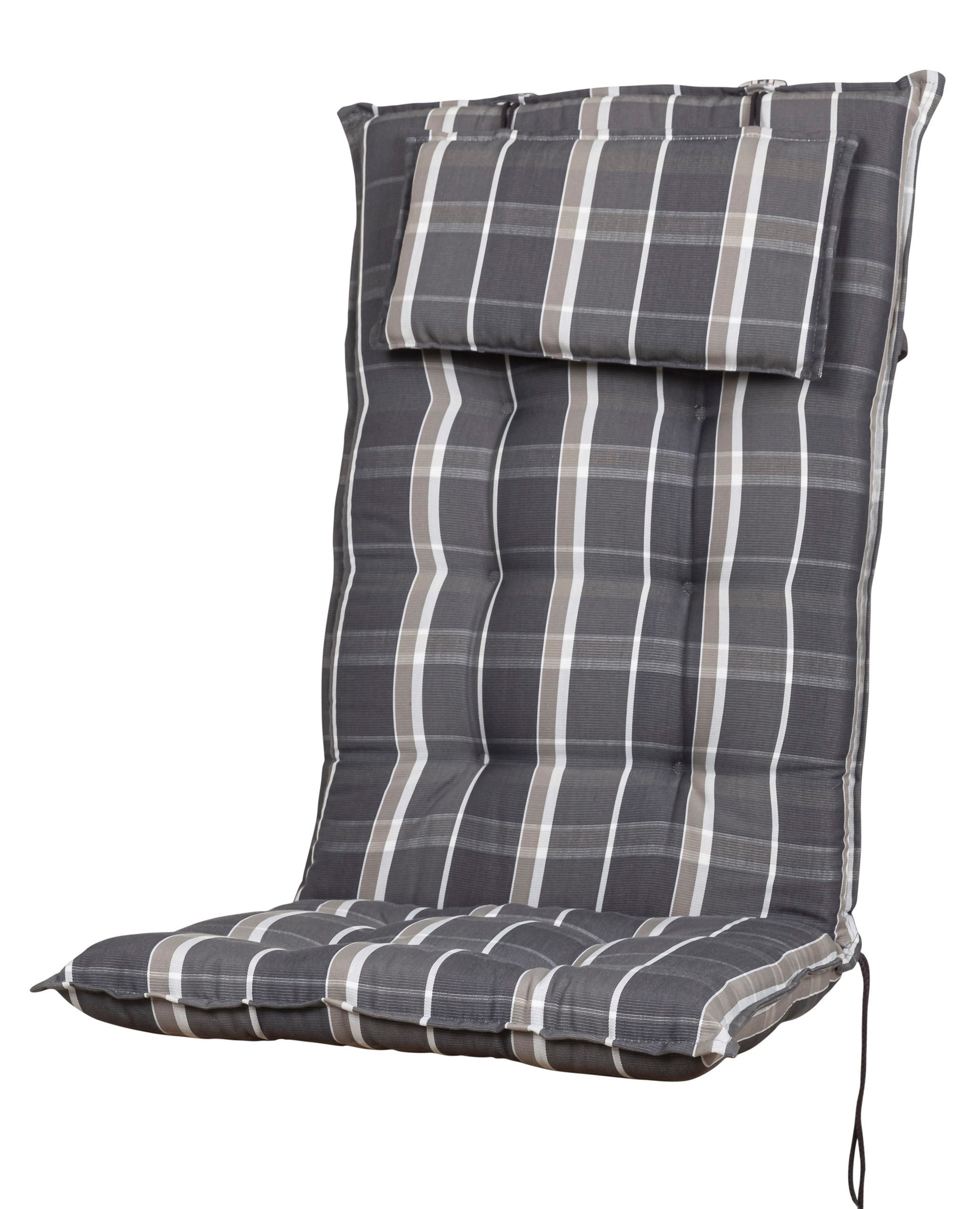 Sun Garden Hochlehnerauflage Hochlehner Sylt 10557-700 grau kariert 119x50x8 cm Sun Garden, (1 St), Eckhaltebänder mit Bindebändern