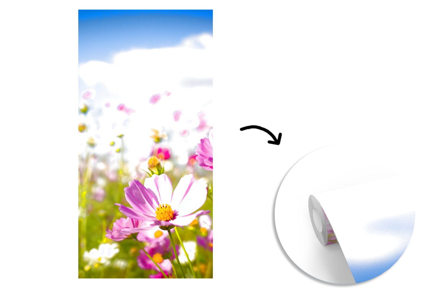 Vliestapete Gras Matt, - Küche, Schlafzimmer bedruckt, - - Fototapete Blau, Wohnzimmer St), Lila - MuchoWow - Blumen Fototapete Wolken - (2 Wiese Weiß für