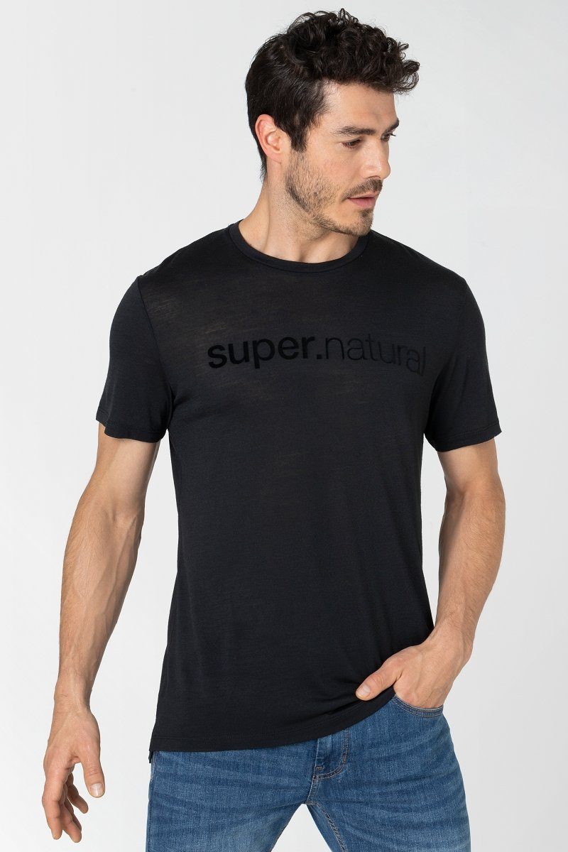 SUPER.NATURAL Print-Shirt Merino T-Shirt M 3D SIGNATURE TEE lässiger Merino-Materialmix Jet Black/Jet Black