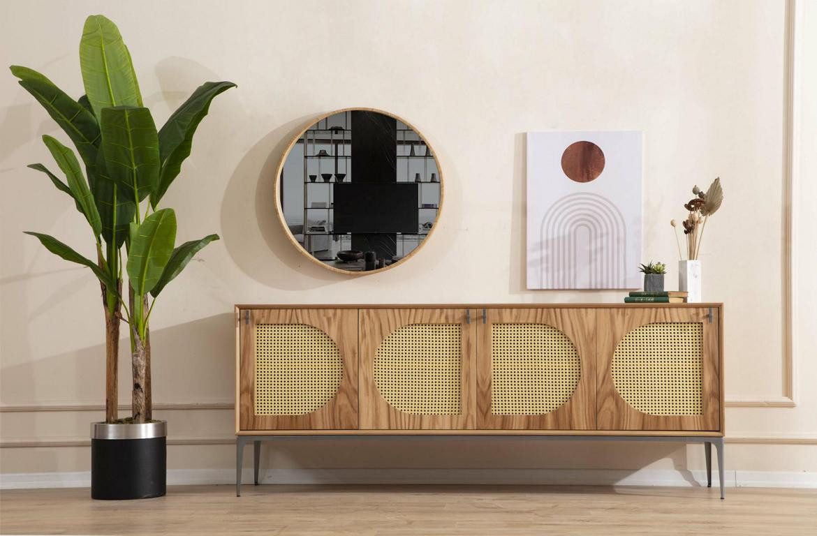 Xlmoebel Esszimmer-Set Holz Esszimmermöbel Set mit Esstisch, Sideboard, Spiegel und 4 Stühlen, (Set 7 tlg. (Esstisch + 4x Stühle + Sideboard + Spiegel), Hergestellt in Europa
