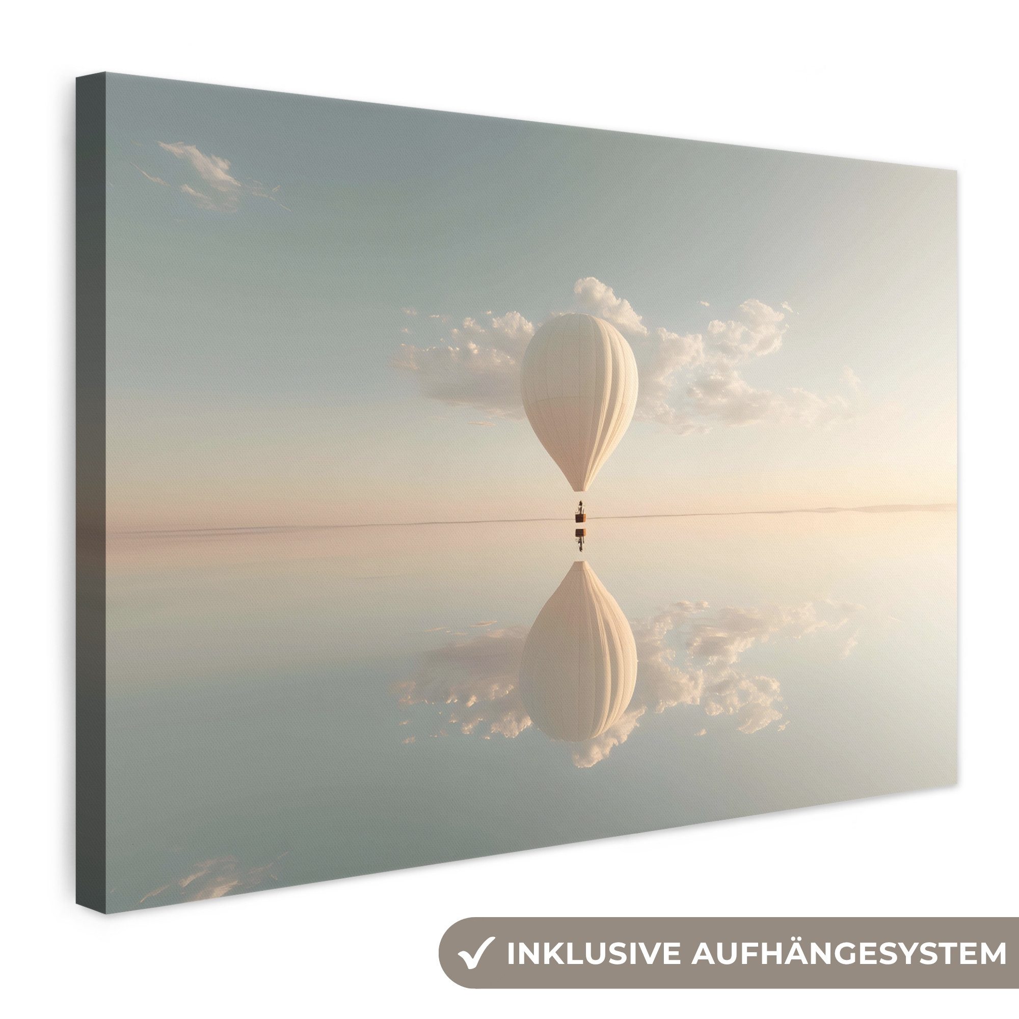 OneMillionCanvasses® Leinwandbild Heißluftballon - Wolken - Wasser - Blau, Fotodruck (1 St), Leinwand Bilder Klein, Wand Dekoration Aesthetic 30x20 cm