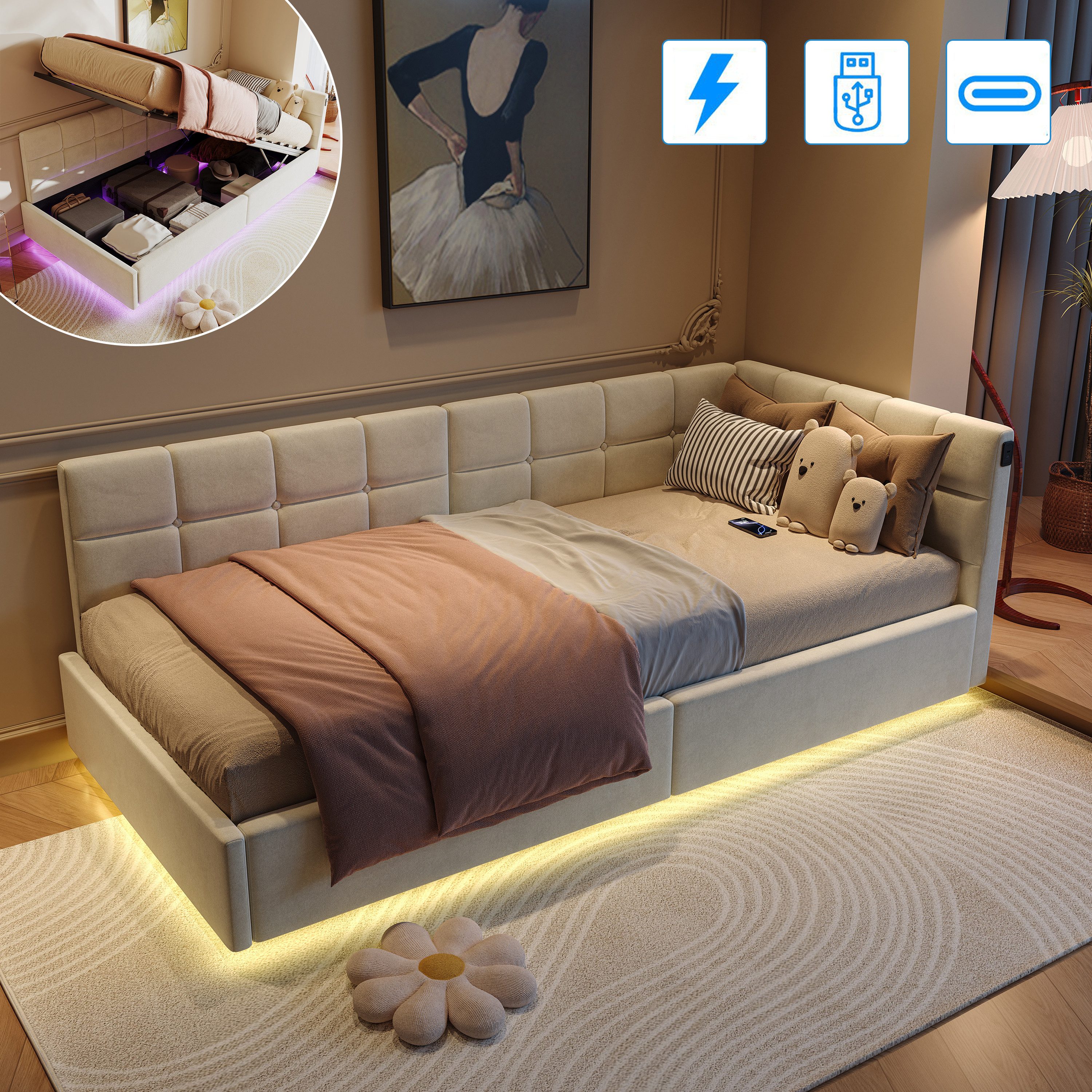 PXloue Polsterbett Schlafsofa Daybett (hydraulischem Stauraum), LED-Beleuch günstig online kaufen