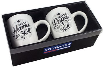 BRUBAKER Tasse 2er-Set Kaffeetassen Beste Mama und Bester Papa, Keramik, Kaffeebecher mit Weltkugel in Geschenkpackung, Geschenkset mit Grußkarte für Eltern