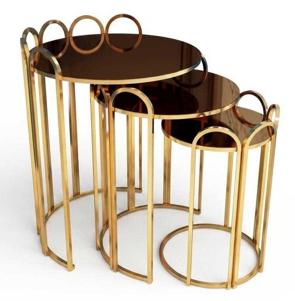JVmoebel Satztisch 3er Set Beistelltische Rund Gold Glas Metall Design Couchtisch Modern, Made in Europa