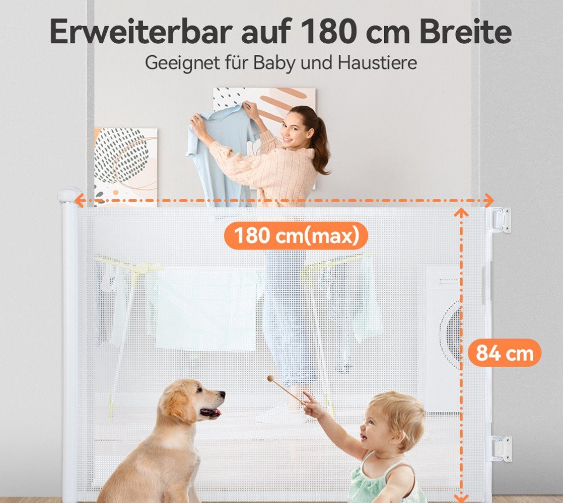 Comomy Türschutzgitter (Türschutzgitter Ausziehbar, Absperrgitter Schutzgitter), Baby Treppenschutzgitter 0-180°, Einziehbar 140/180cm – Bild 4 von 5