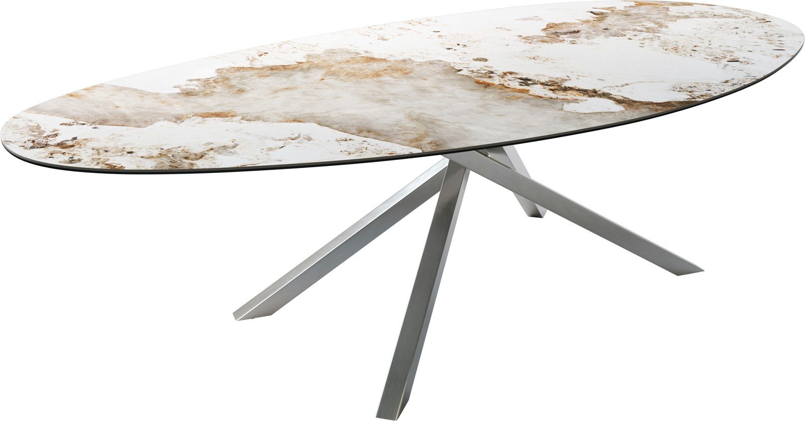 DELIFE Esstisch Edge, Oval 280x130 cm Keramik Minas Melange Weiß-Beige Kreuzgestell Rechteck