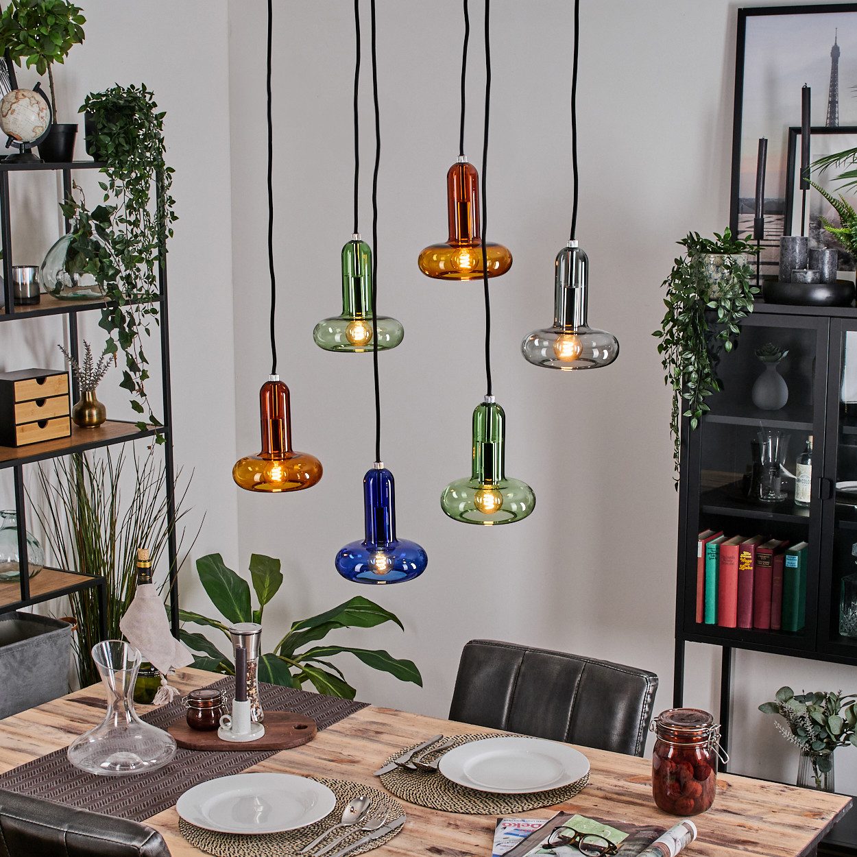 hofstein Pendelleuchte Pendellampe aus Metall/Glas in Schwarz/Bernstein/Rau günstig online kaufen