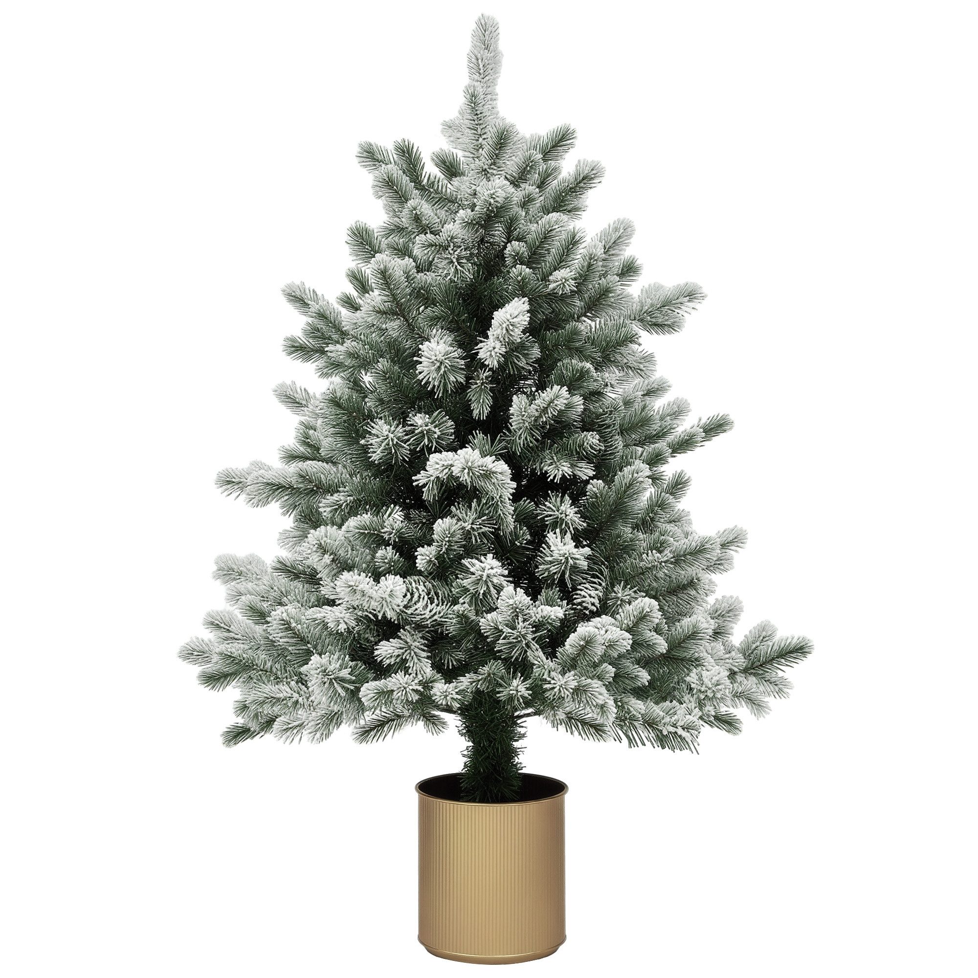 HOMCOM Künstlicher Weihnachtsbaum Tannenbaum mit Schnee, 130 Spitzen Christbaum mit Topf, Künstlicher Baum, für Weihnachten Deko, grün+gold