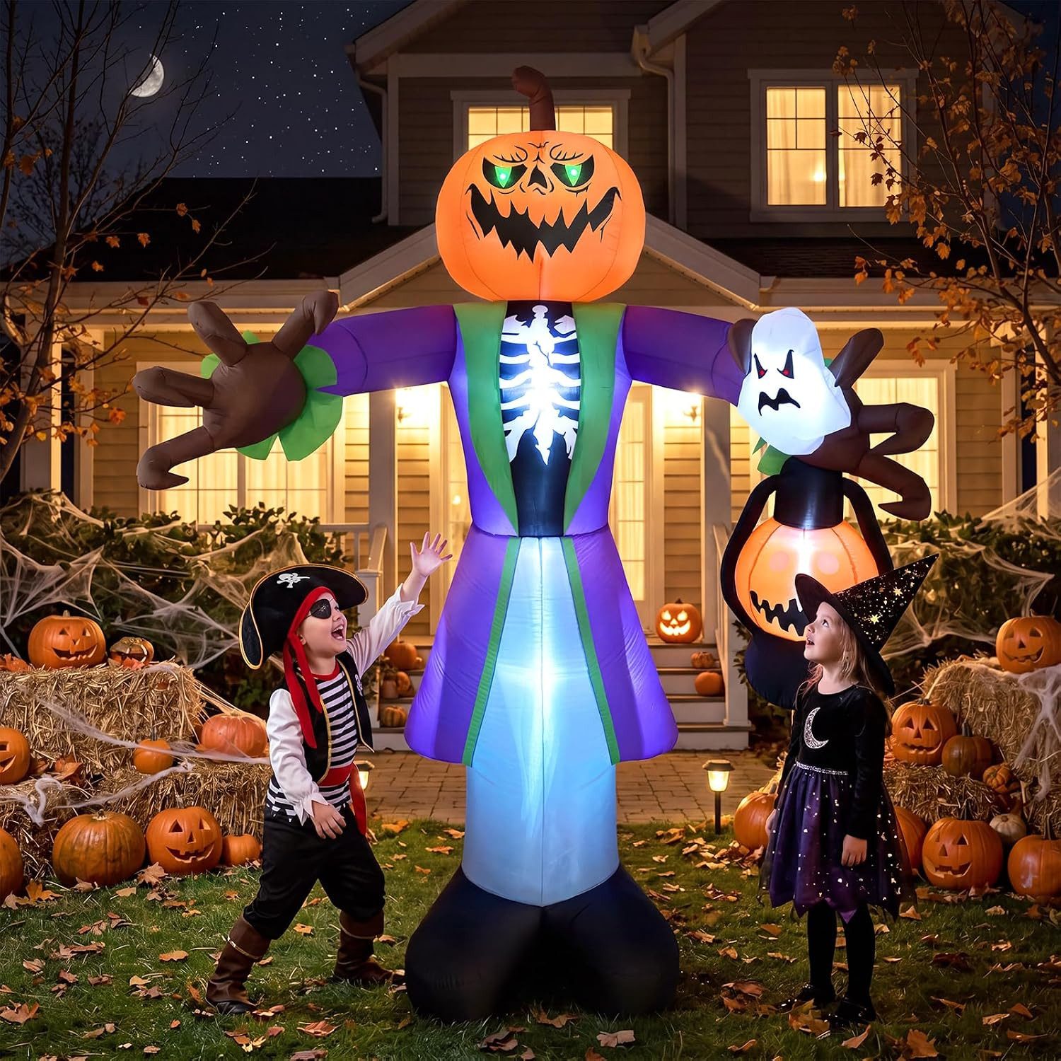 GarveeMore LED-Dekofigur 240 cm Halloween Aufblasbarer Kürbis-Zombie mit Laterne und LED, 240 cm, aufblasbar, Kürbis-Zombie, LED, Gebläse, Erdspieße, Halloween