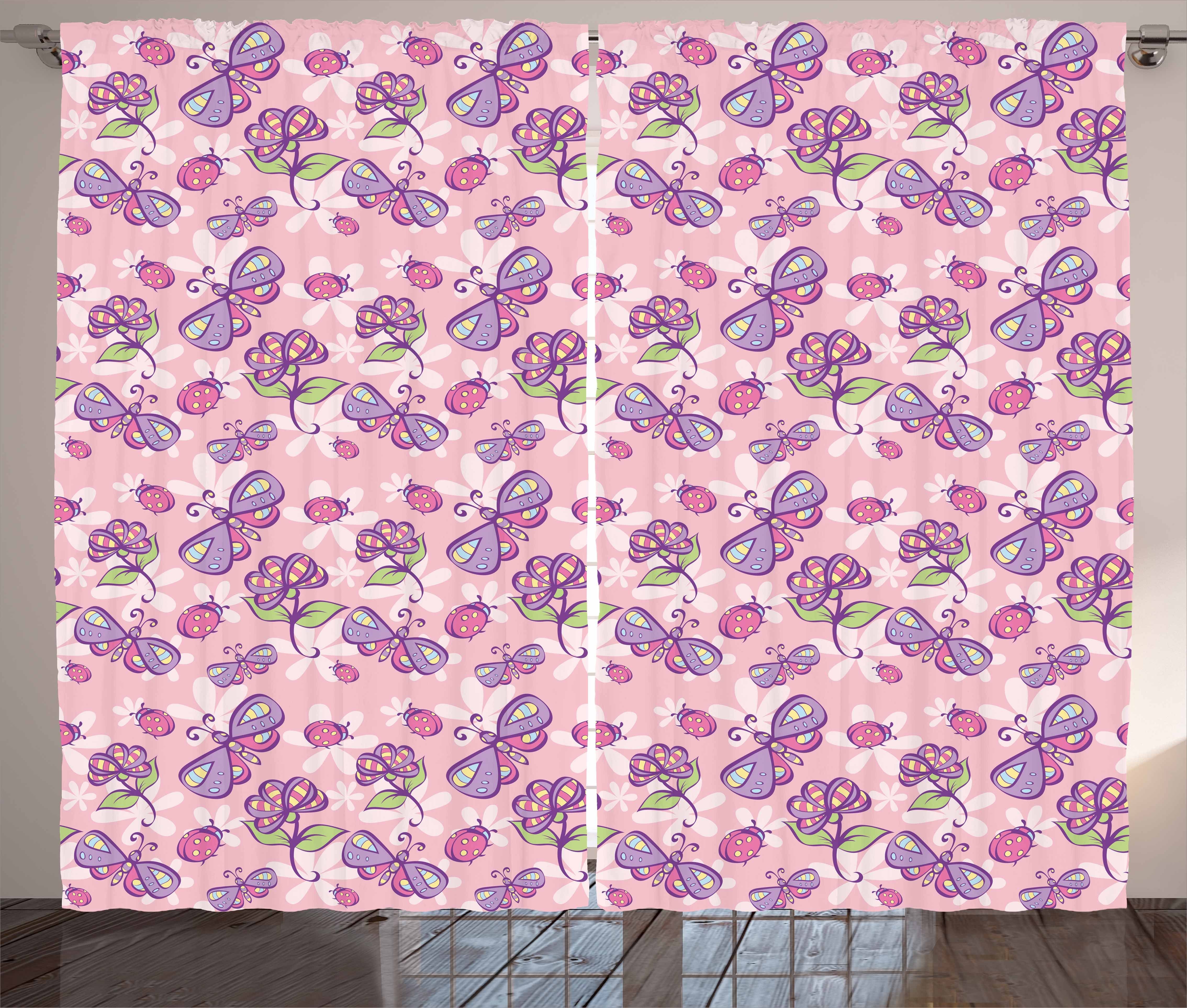 mit Gardine Kräuselband Blumen Schlaufen Schmetterlings-Cartoon-Stil und Abakuhaus, Schlafzimmer Haken, Vorhang