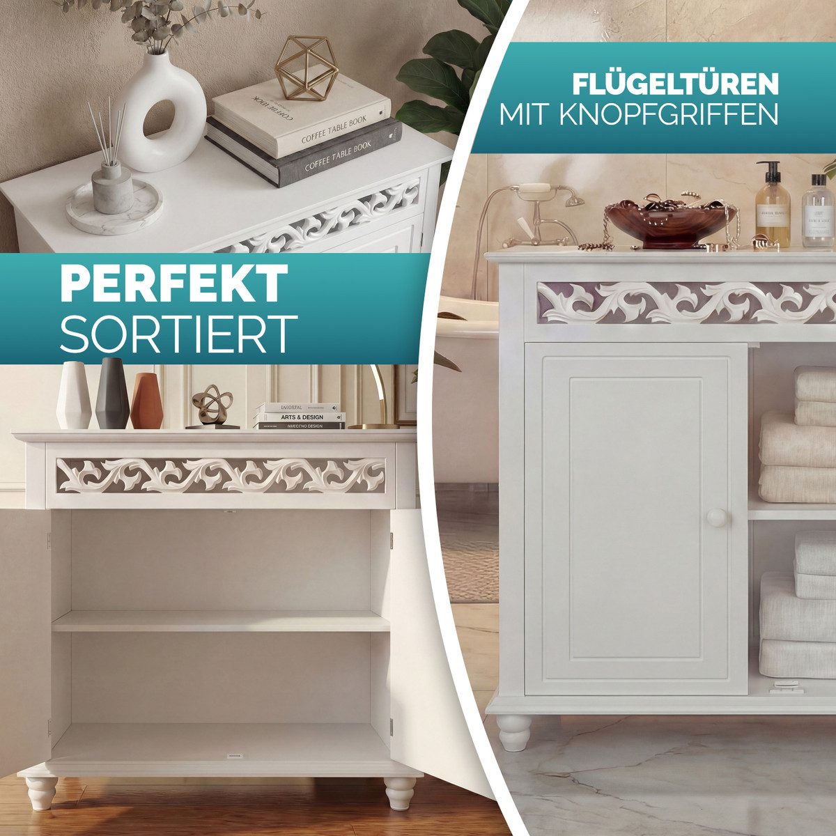 Casaria Kommode Jersey, Landhausstil Weiß Holz Vintage Schrank Verzierung Sideboard 76x65x35cm