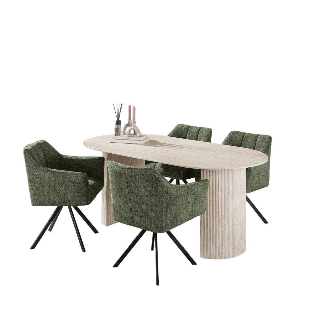 Vintagehaus Essgruppe Arch Organic 180 Travertin + 4 Stühle Raster Strukturstoff